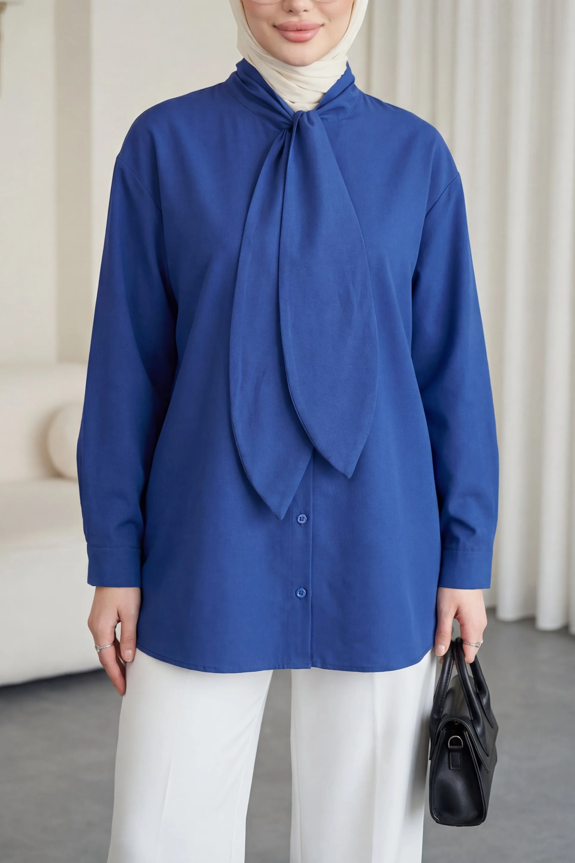 Oversize Tie-Neck Button-Front Blouse - Navy - Podyumplus - by Peralane