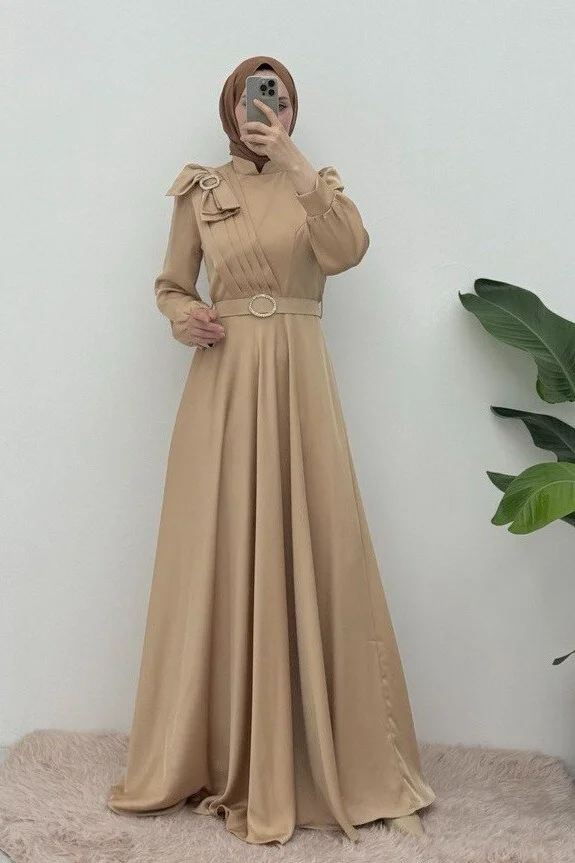 Beige Satin Evening Dress with Bow and Belt - Podyumplus - by Peralane - photo 3