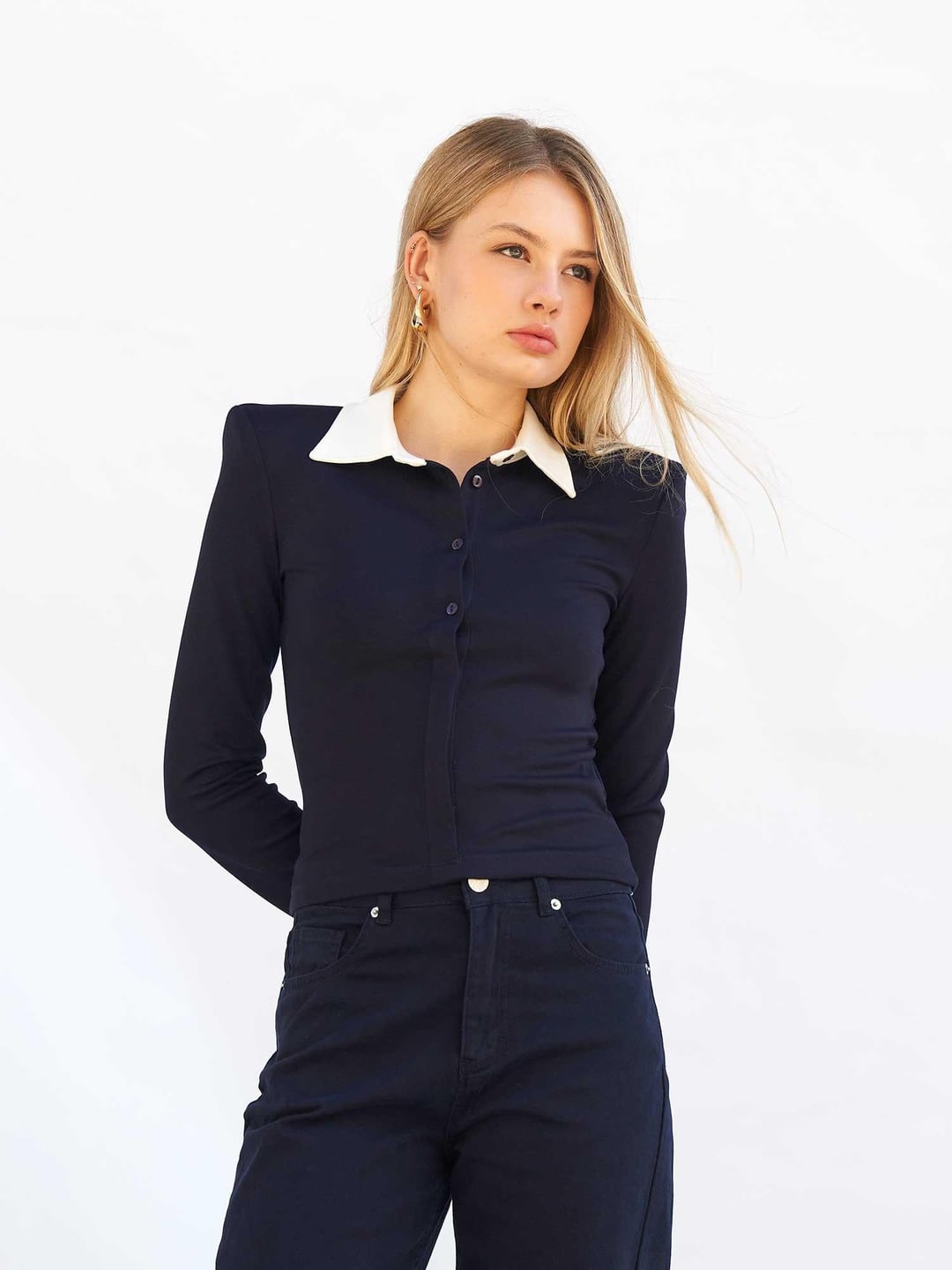 Navy Blue Long-Sleeve Collared Knit Blouse - Lefon - by Peralane - photo 6