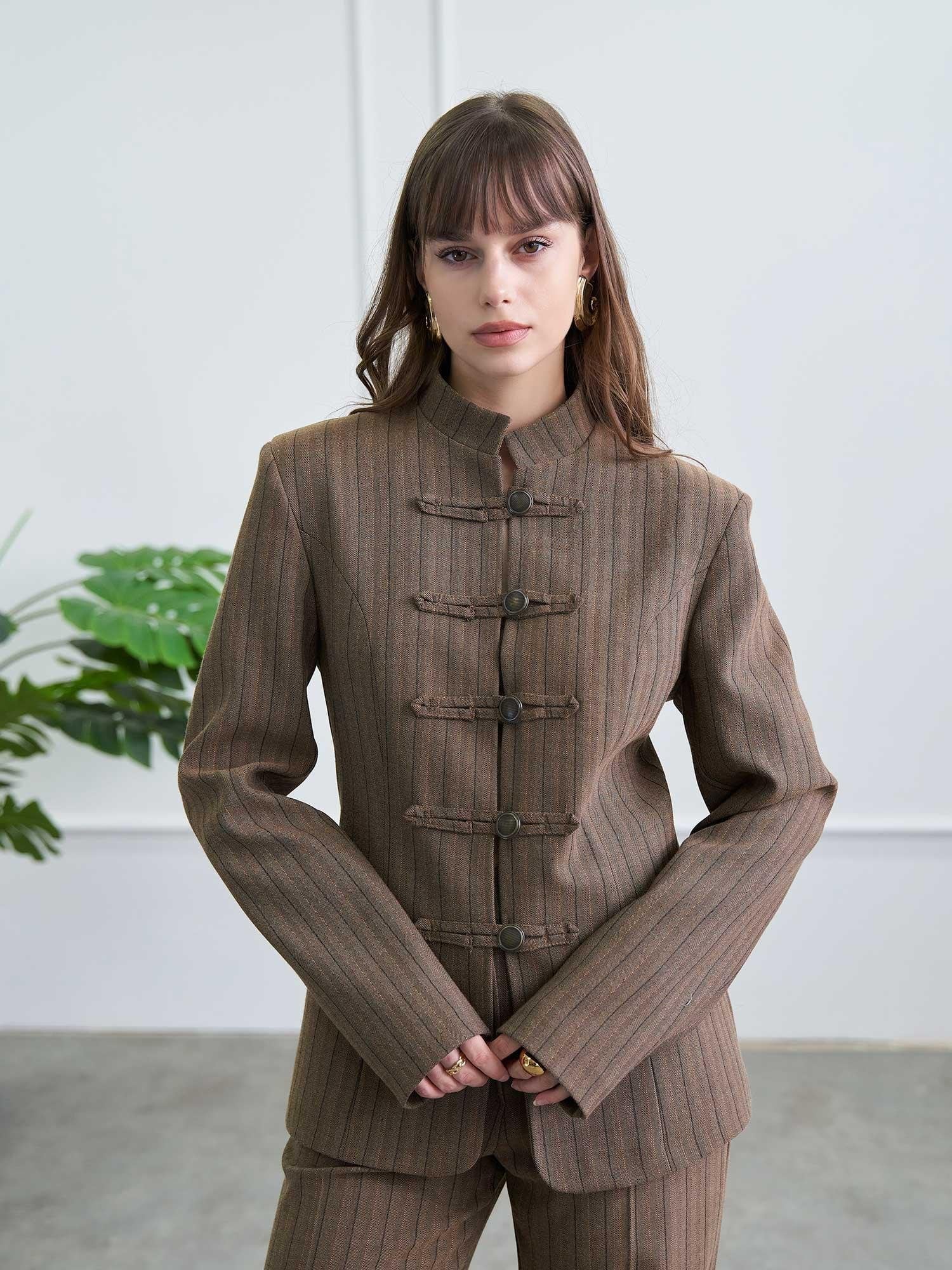 Brown Mandarin Collar Jacket and Wide-Leg Trousers Co-ord Set - Lefon - by Peralane - photo 8