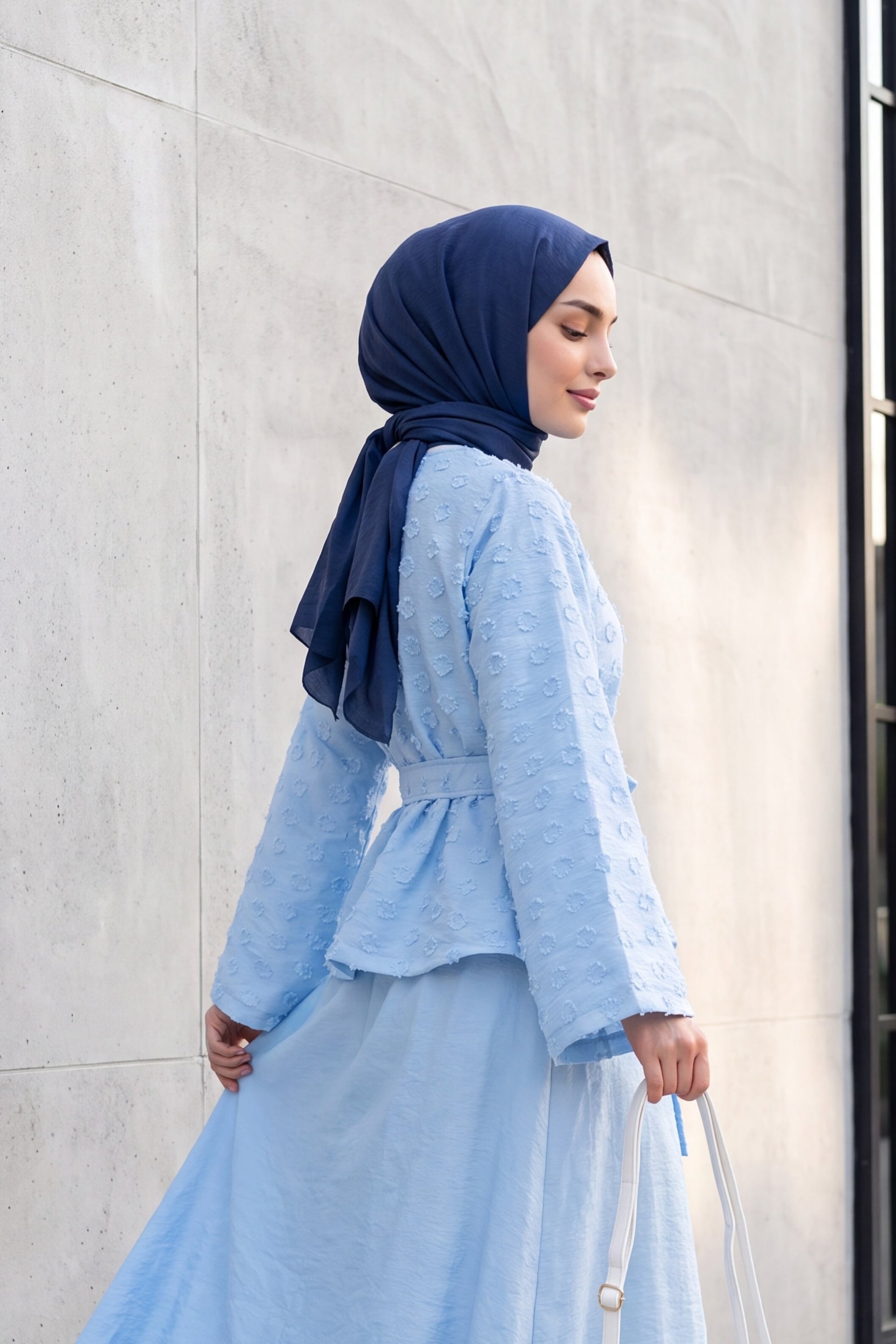 One-Button Belted Skirt Set with Pockets in Raised Jacquard Pattern - Baby Blue - Podyumplus - by Peralane - photo 4