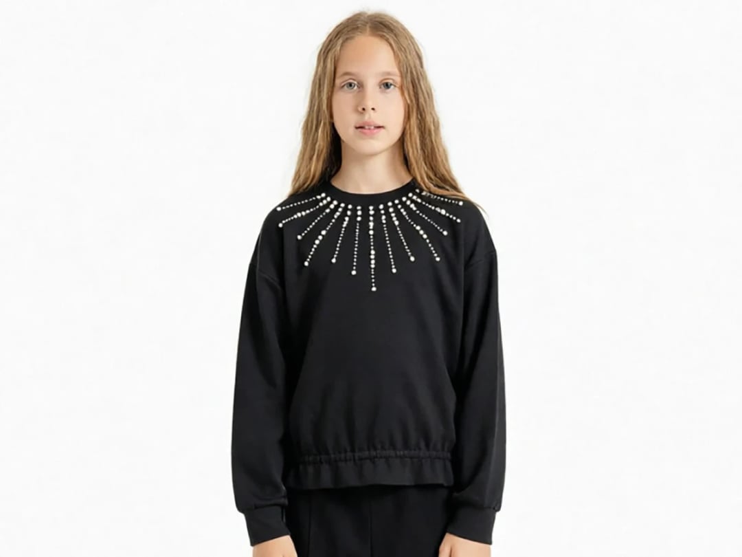 Girls' Black Sweatshirt with Stone Detail - ÖZ Bebe - by Peralane