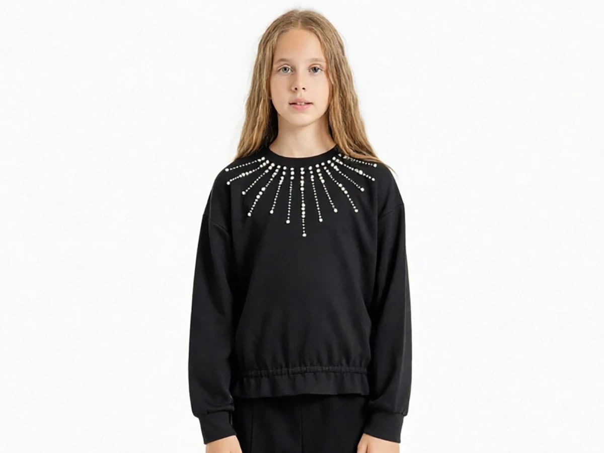 Girls' Black Sweatshirt with Stone Detail - ÖZ Bebe - by Peralane