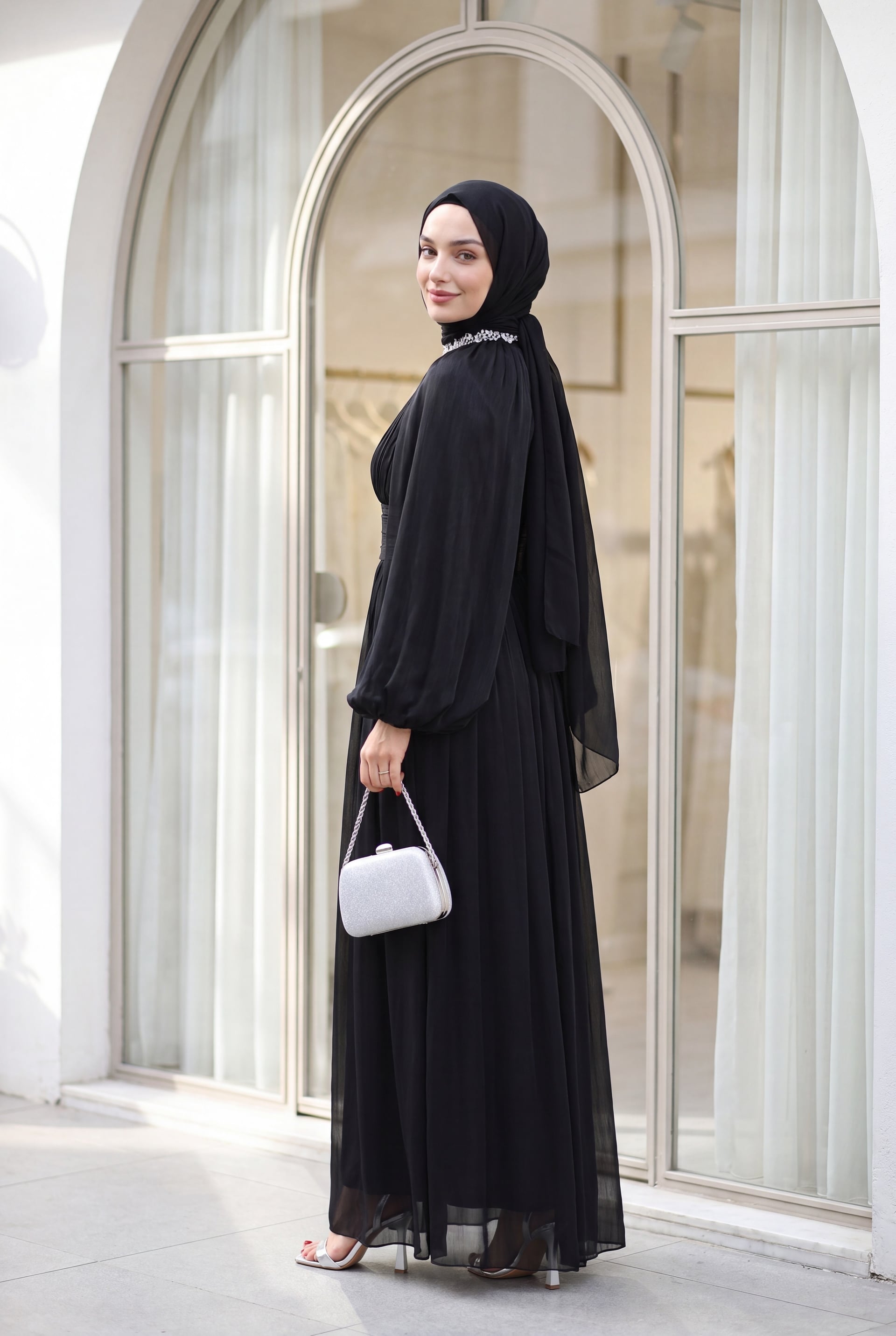 Black Rhinestone Neckline Draped Waist Cape Sleeve Chiffon Evening Dress - Podyumplus - by Peralane - photo 2