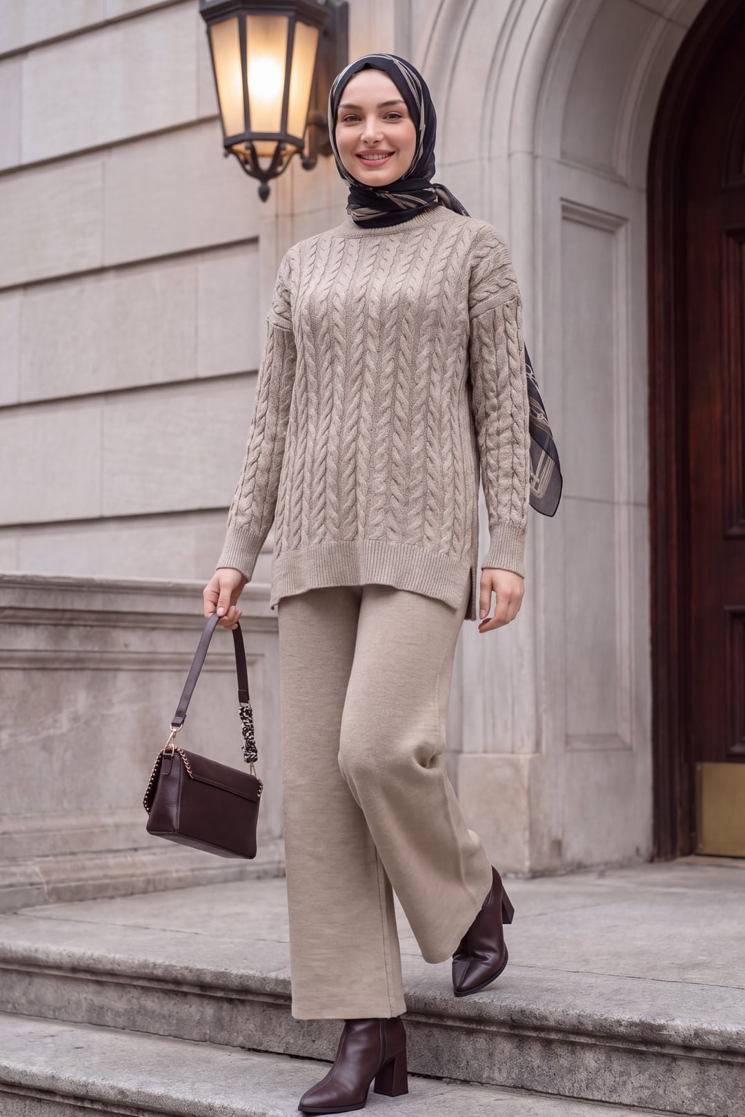 Half-Turtleneck Slit Sequin Basket-Knit Knit Set - Beige - Podyumplus - by Peralane - photo 2