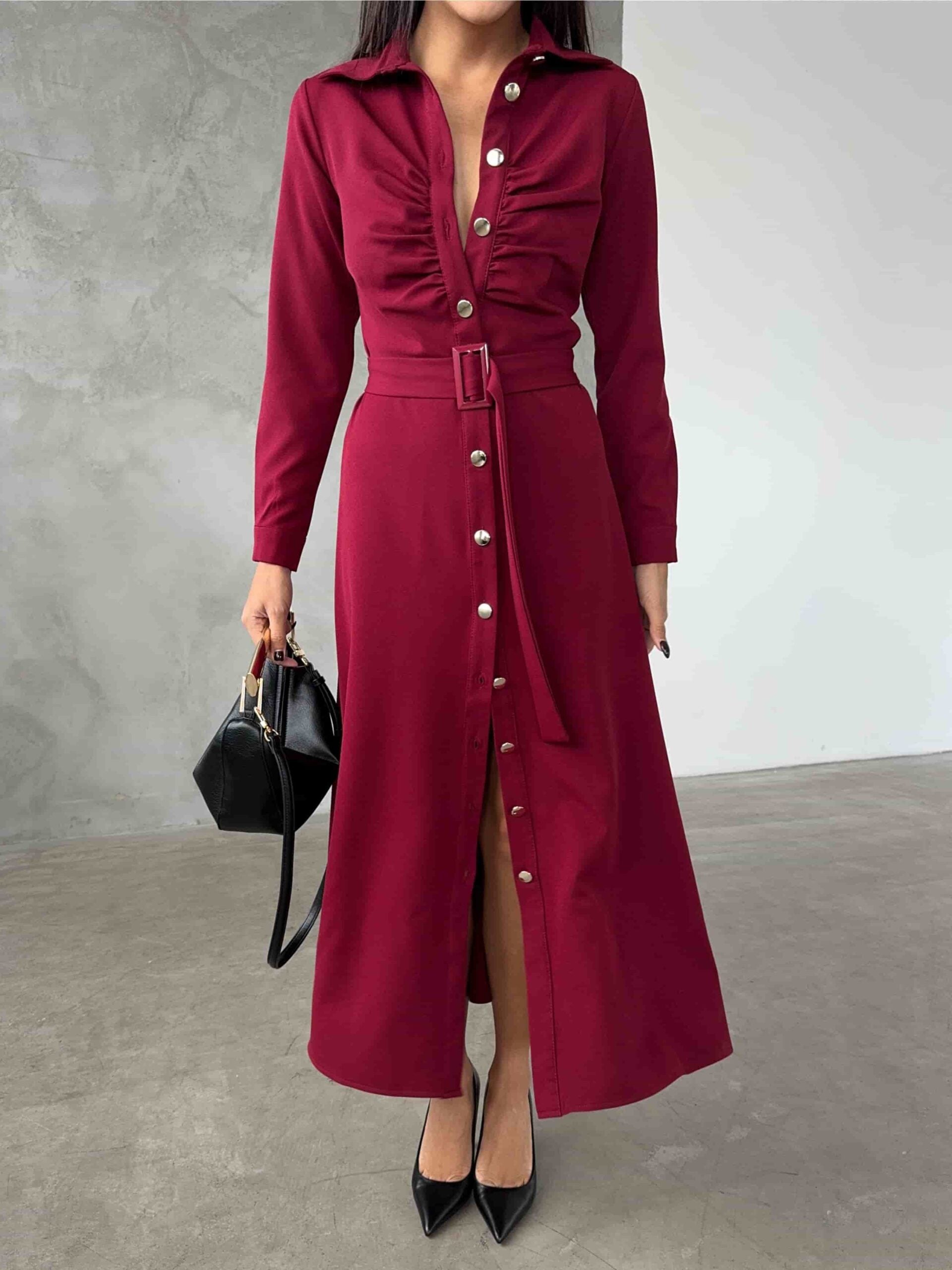 Bordo Cotton Shirt Dress with Belt for Women - My Bee - by Peralane