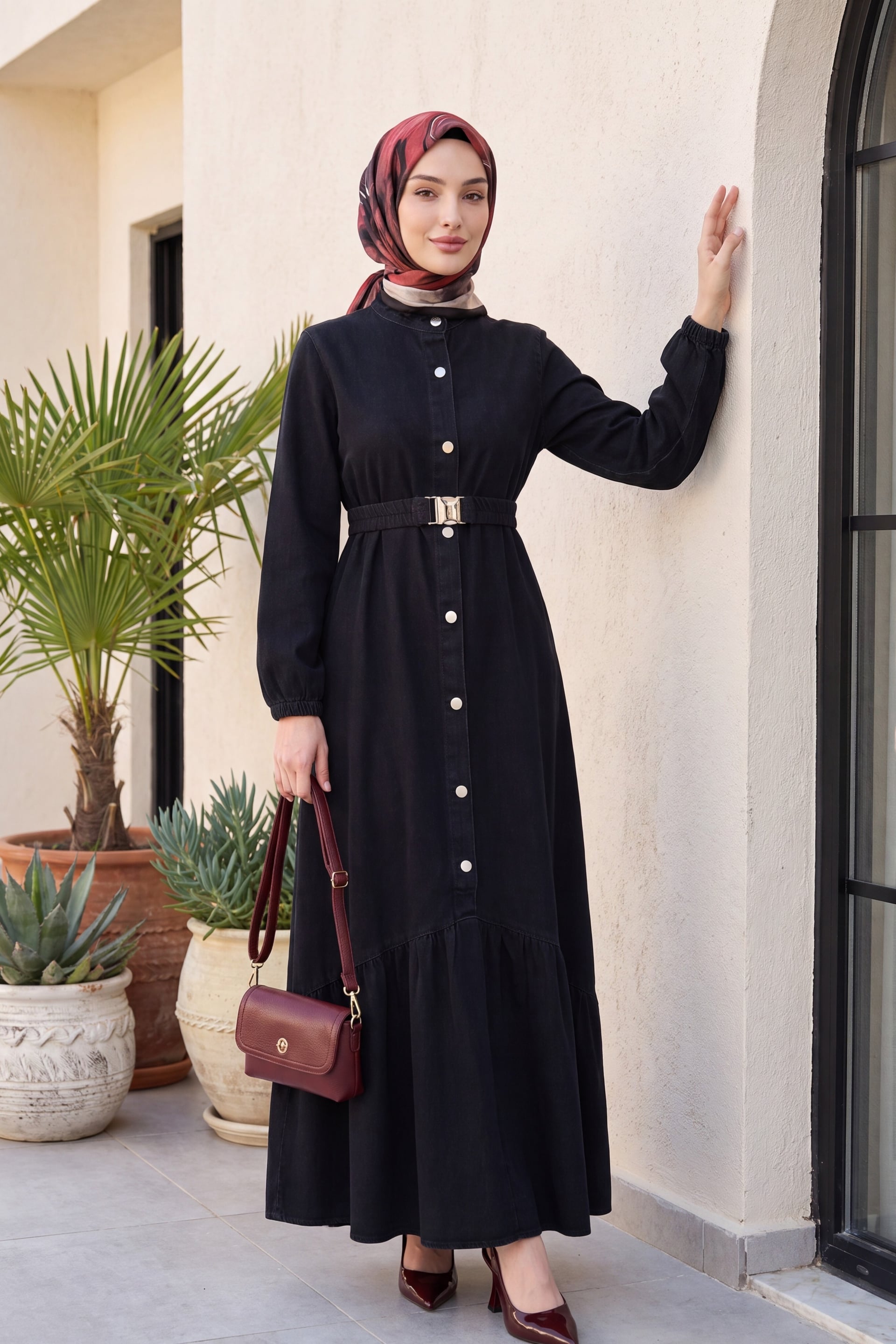 Long Denim Dress with Elastic Belt and Buttons - Black - Podyumplus - by Peralane - photo 3