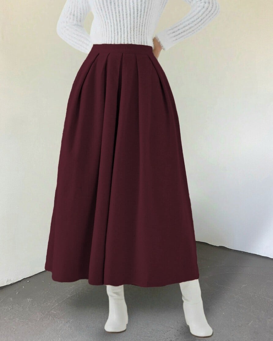 Pleated Zip Closure Burgundy Skirt - Podyumplus - by Peralane - photo 3