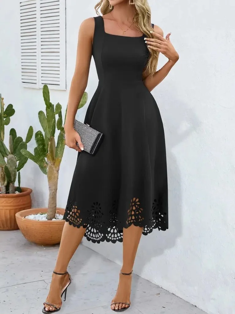 Women's Sleeveless Geometric Neck Floral Laser Cut Imported Crepe Dress - Janes - by Peralane