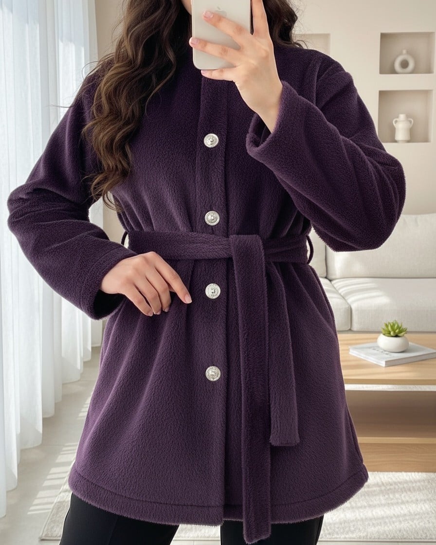 Buttoned Belted Faux Fur Trim Cardigan - Plum - Podyumplus - by Peralane - photo 2