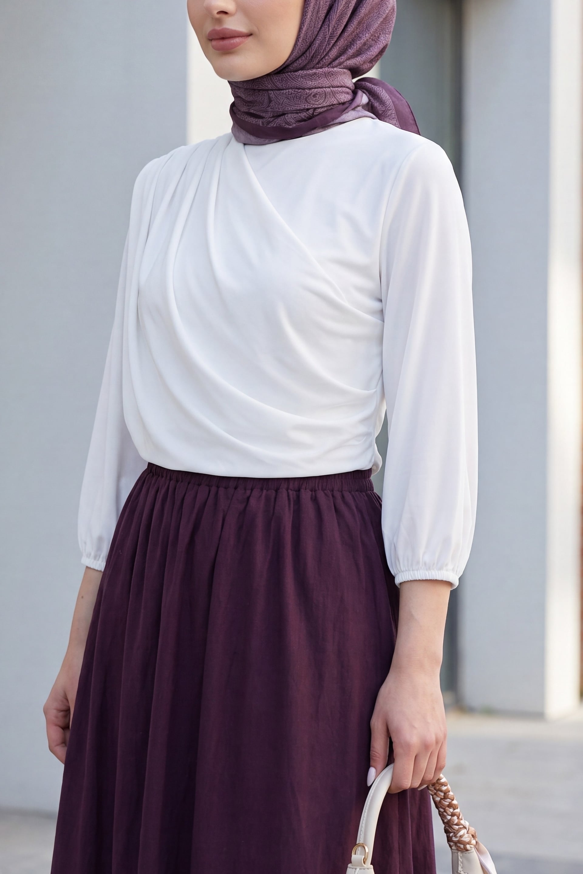 Women's White Draped Blouse with Integrated Bodysuit and Padded Shoulders - Podyumplus - by Peralane