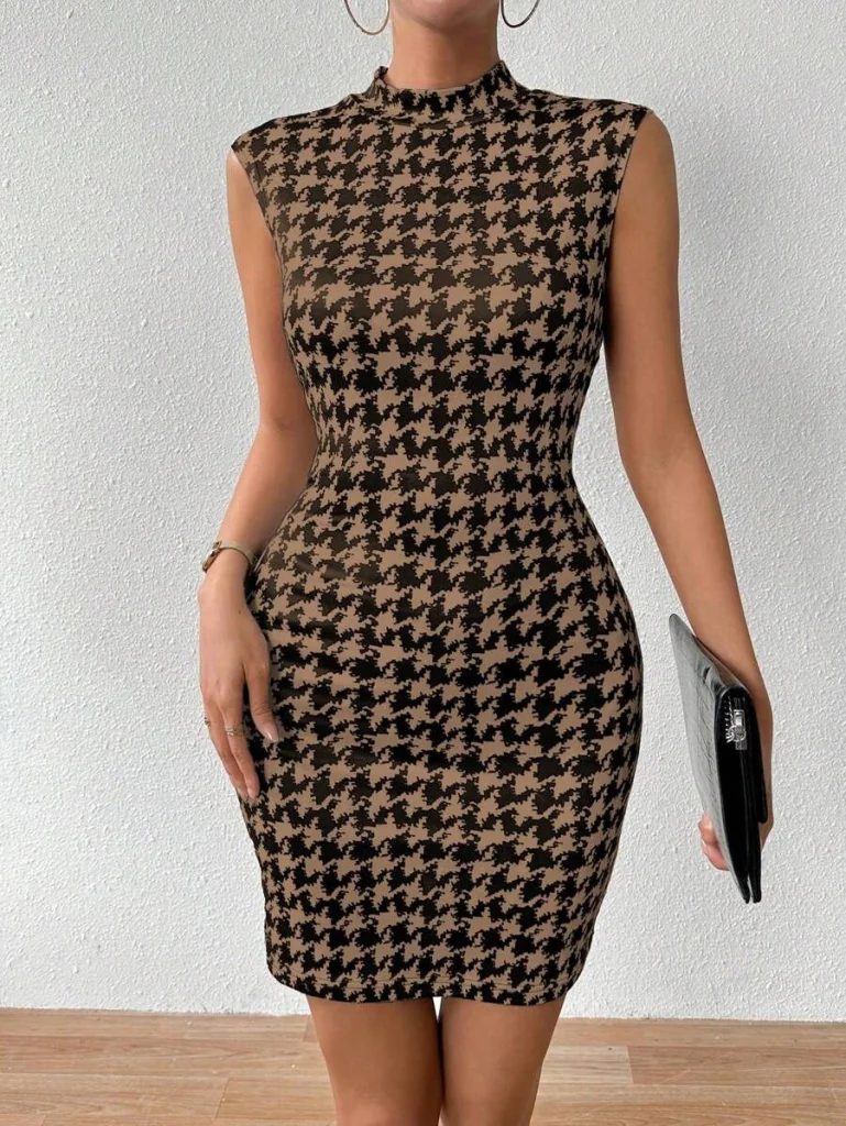 Women's Sleeveless Mock Neck Houndstooth Knit Dress - Janes - by Peralane - photo 7
