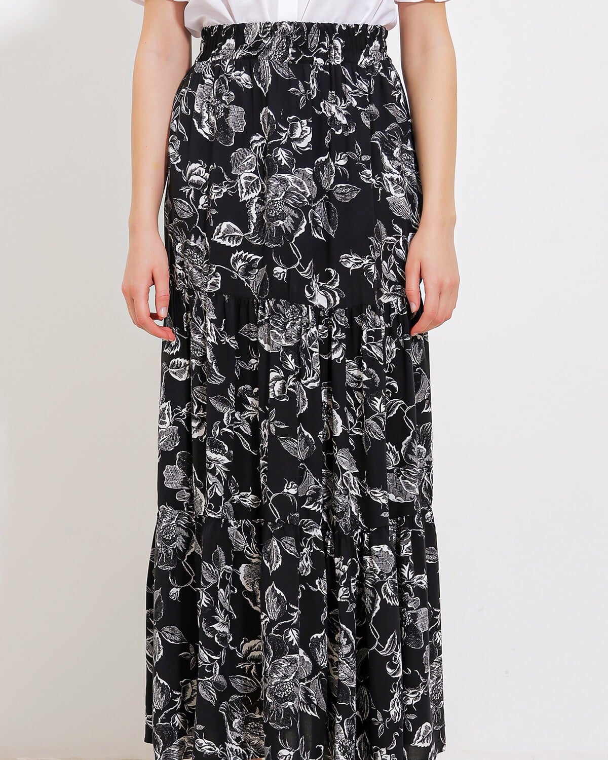 Women's Black Floral Print Long Viscose Skirt with Matching Bow Blouse Set - Bigdart - by Peralane - photo 3