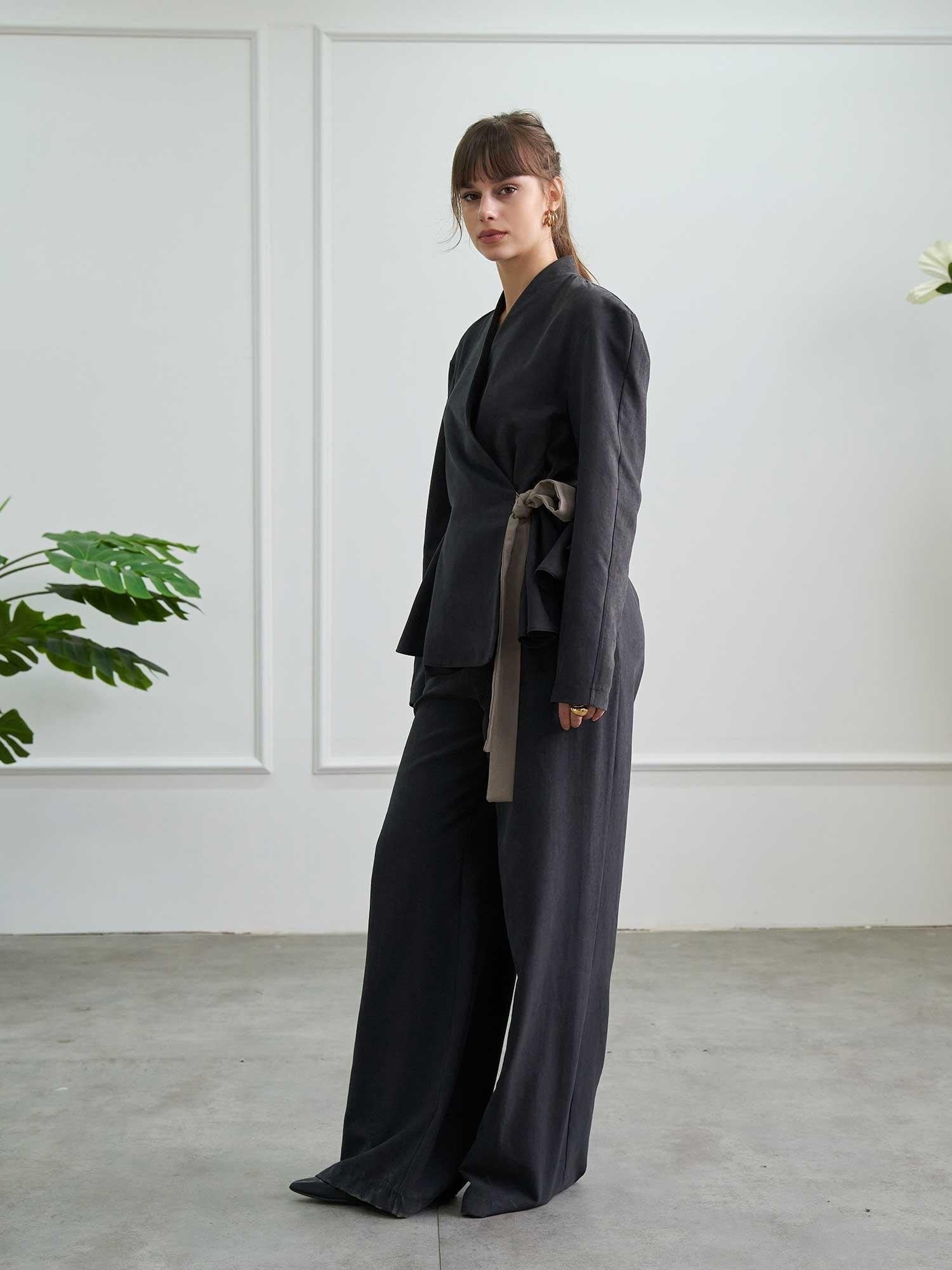 Peplum Wrap Belted Modal Suede Jacket - Lefon - by Peralane - photo 6