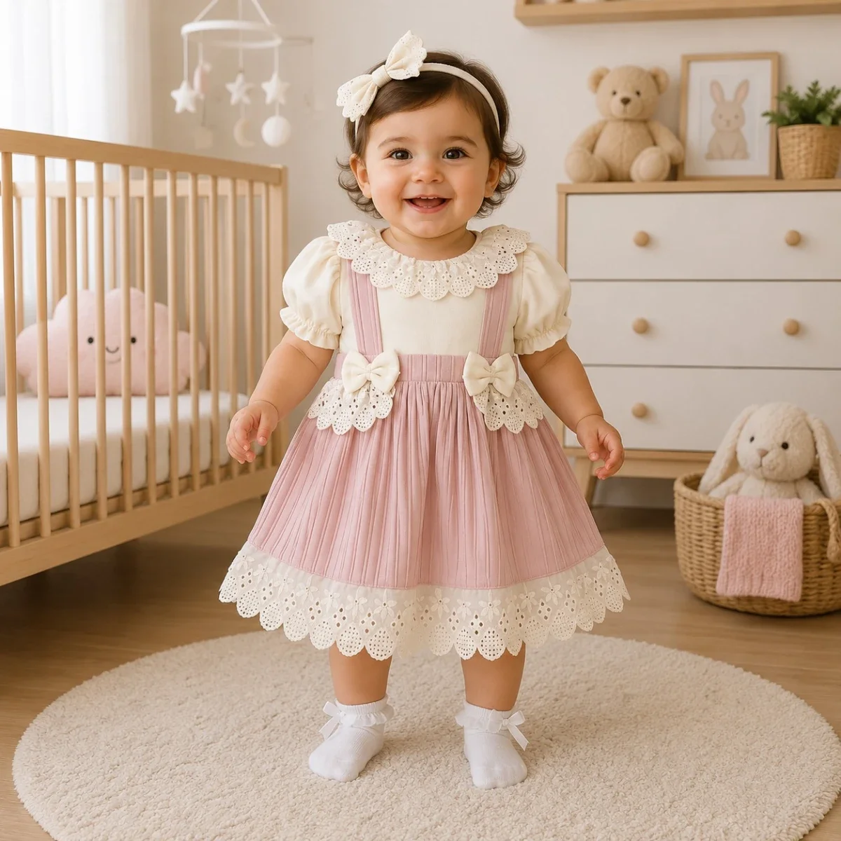 Baby Girl's Two-Piece Dress Set with Bow - Pink - Has Bereket - by Peralane