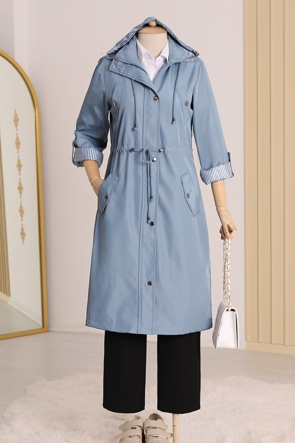 Striped Lined Trench Coat - Light Blue - Podyumplus - by Peralane - photo 4