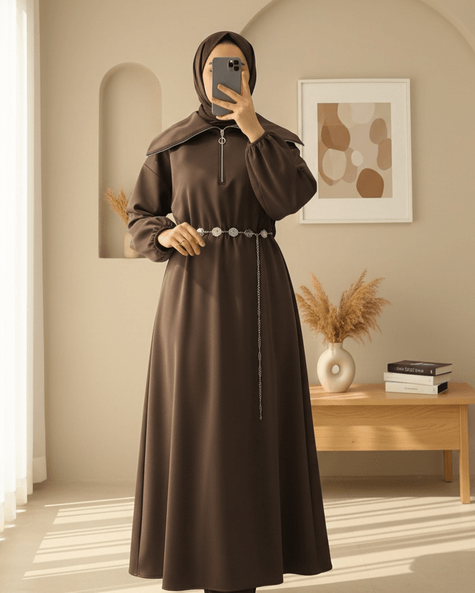 Brown Long-Sleeved Scuba Dress with Half Zip and Belted Waist - Podyumplus - by Peralane - photo 2