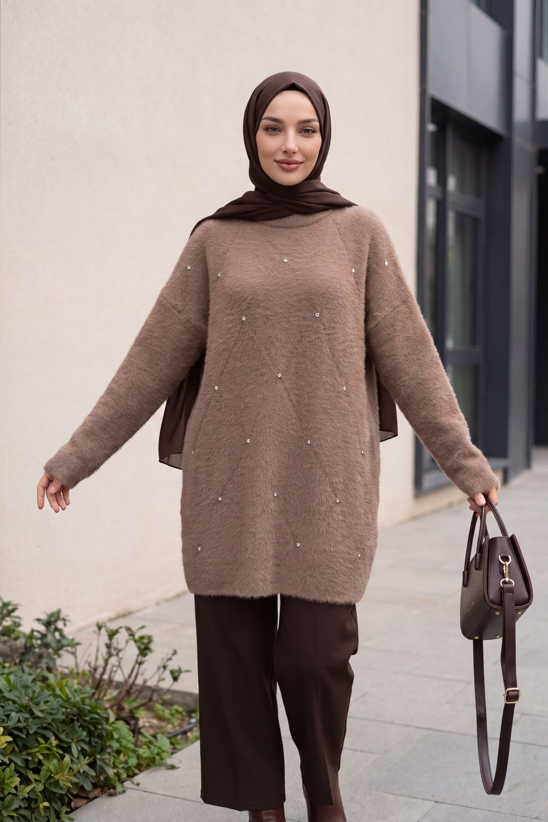 Stone Detail Oversize Knit Tunic in Earth - Podyumplus - by Peralane - photo 3