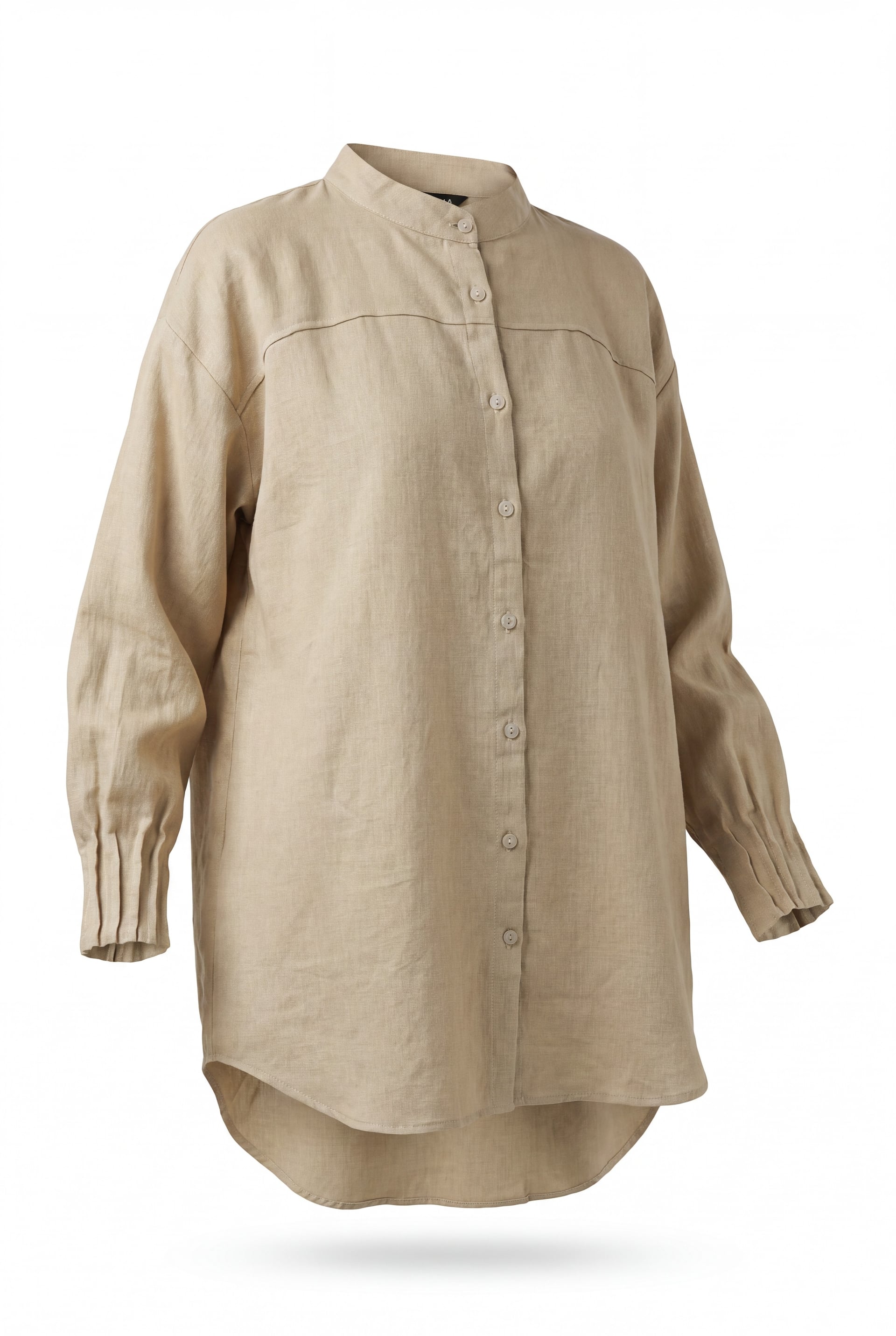 Oversize Beige Tunic Shirt with Band Collar and Pleated Cuffs - Podyumplus - by Peralane - photo 7