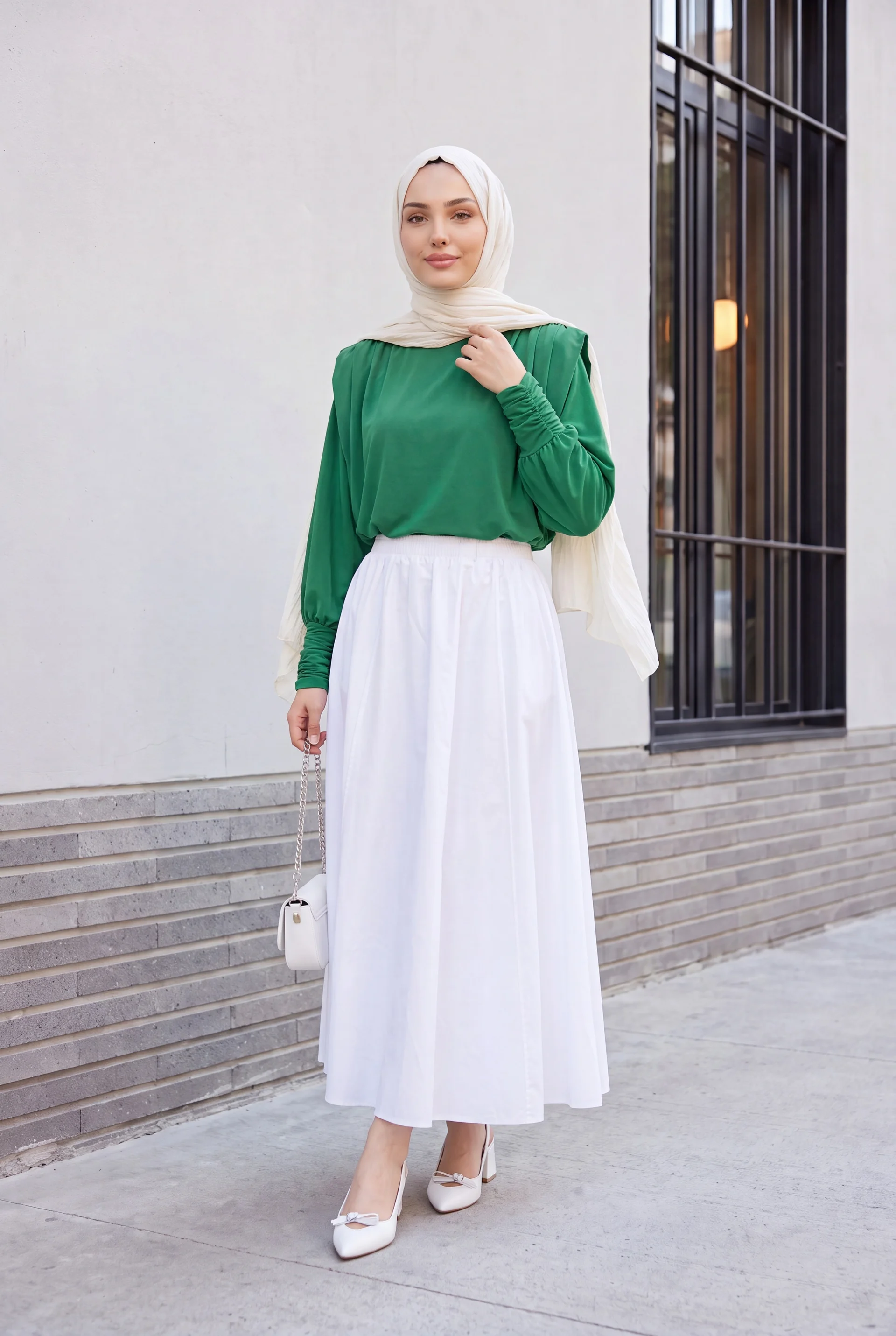 Padded Shoulder Ruched Sleeve Blouse - Green - Podyumplus - by Peralane - photo 3
