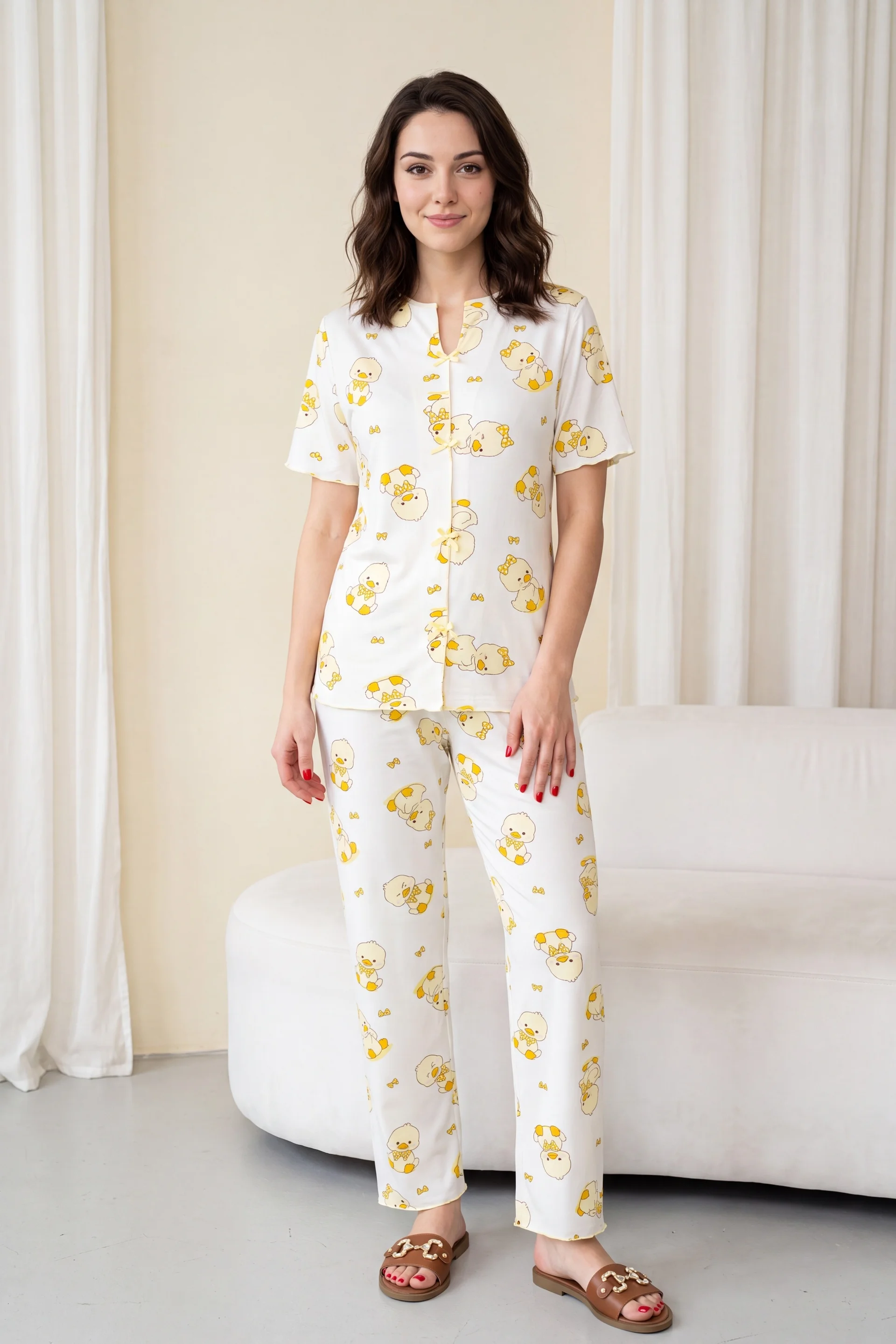 Mixed Print V-Neck Front Bow Short-Sleeve Jersey Pyjama Set - Ecru - Podyumplus - by Peralane