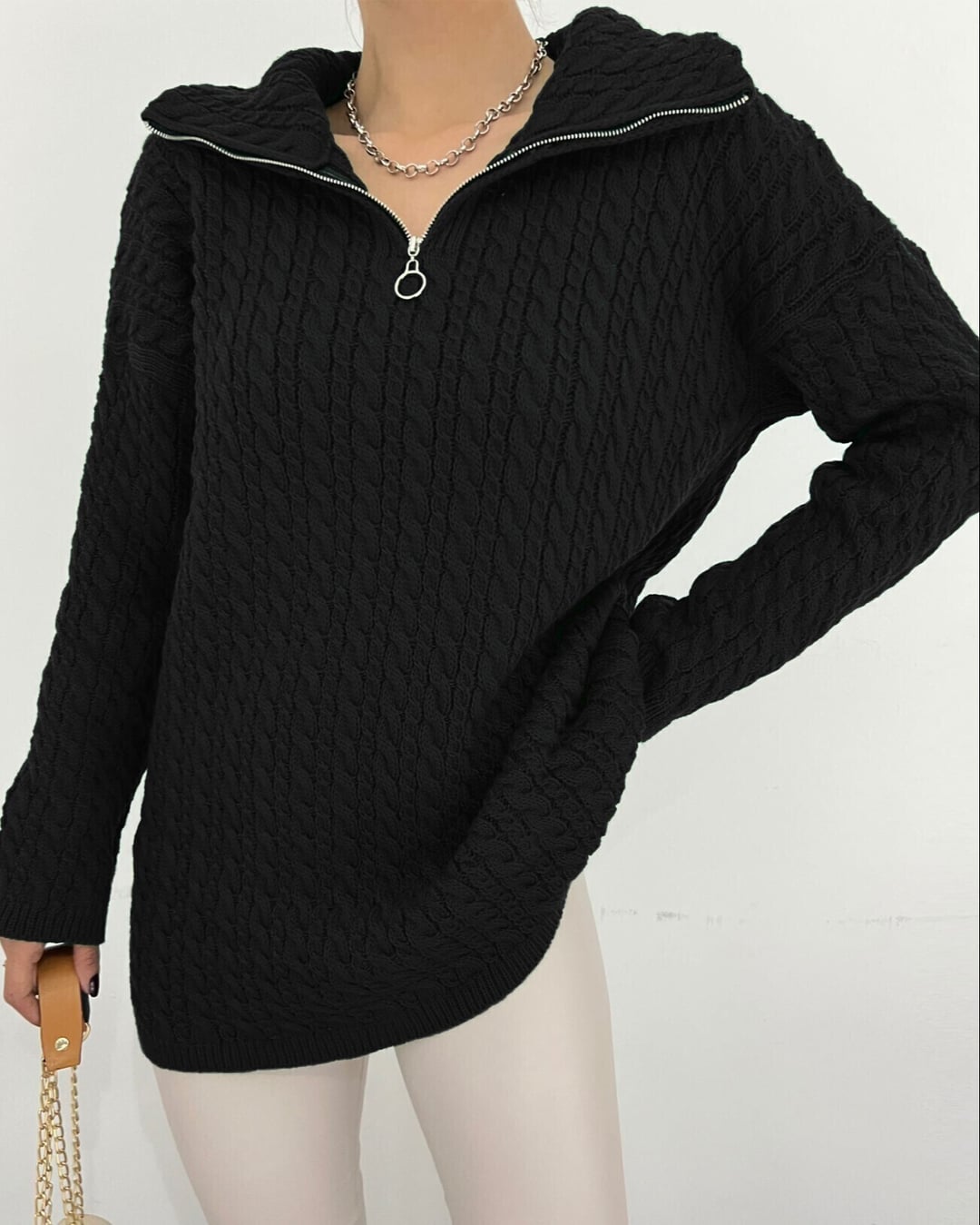 Black Half-Zip Cable Knit Sweater with Stand-Up Collar - Podyumplus - by Peralane