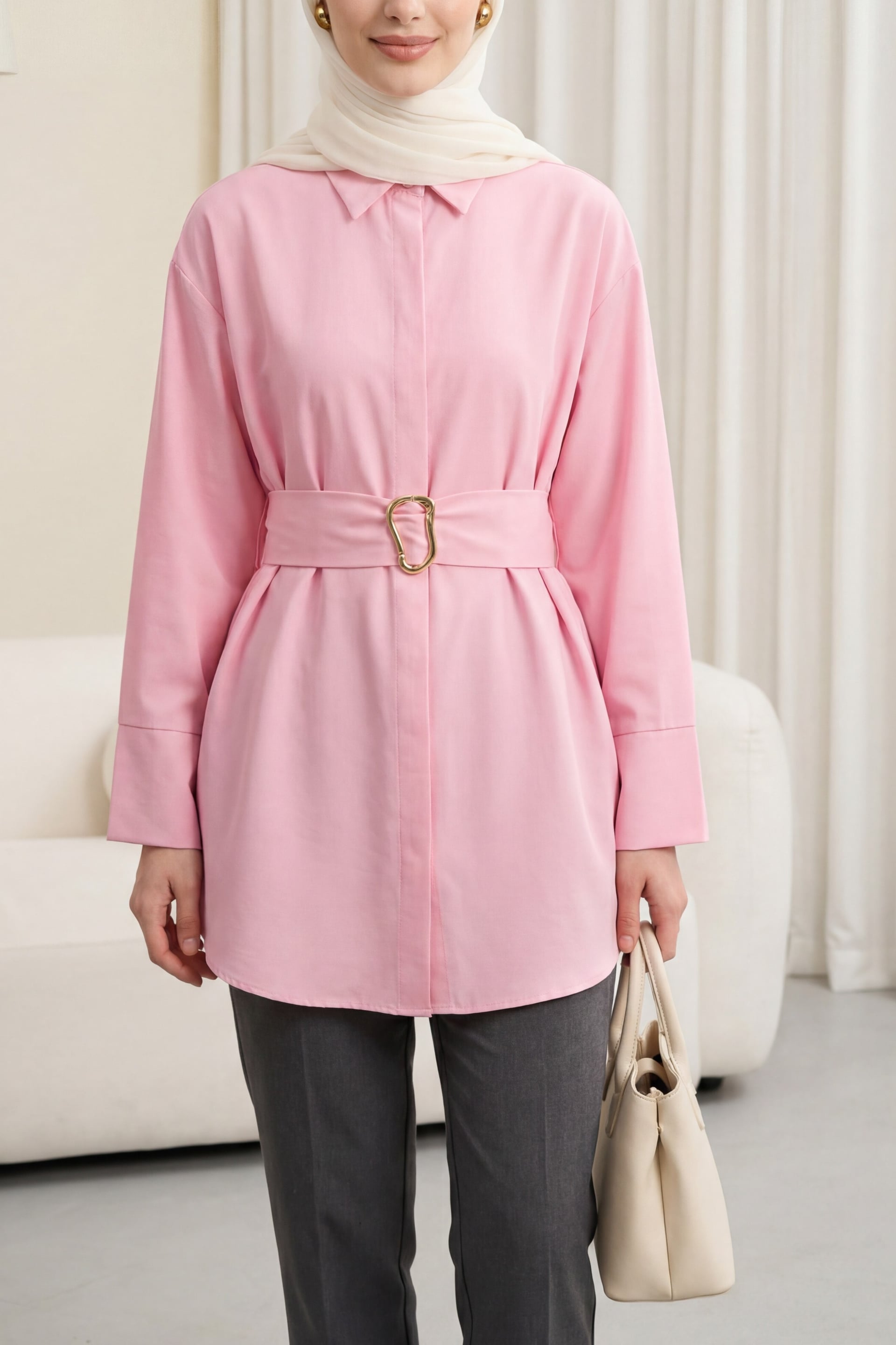 Pink Poplin Tunic with Buckled Belt and Double Cuff Sleeves - Podyumplus - by Peralane - photo 7