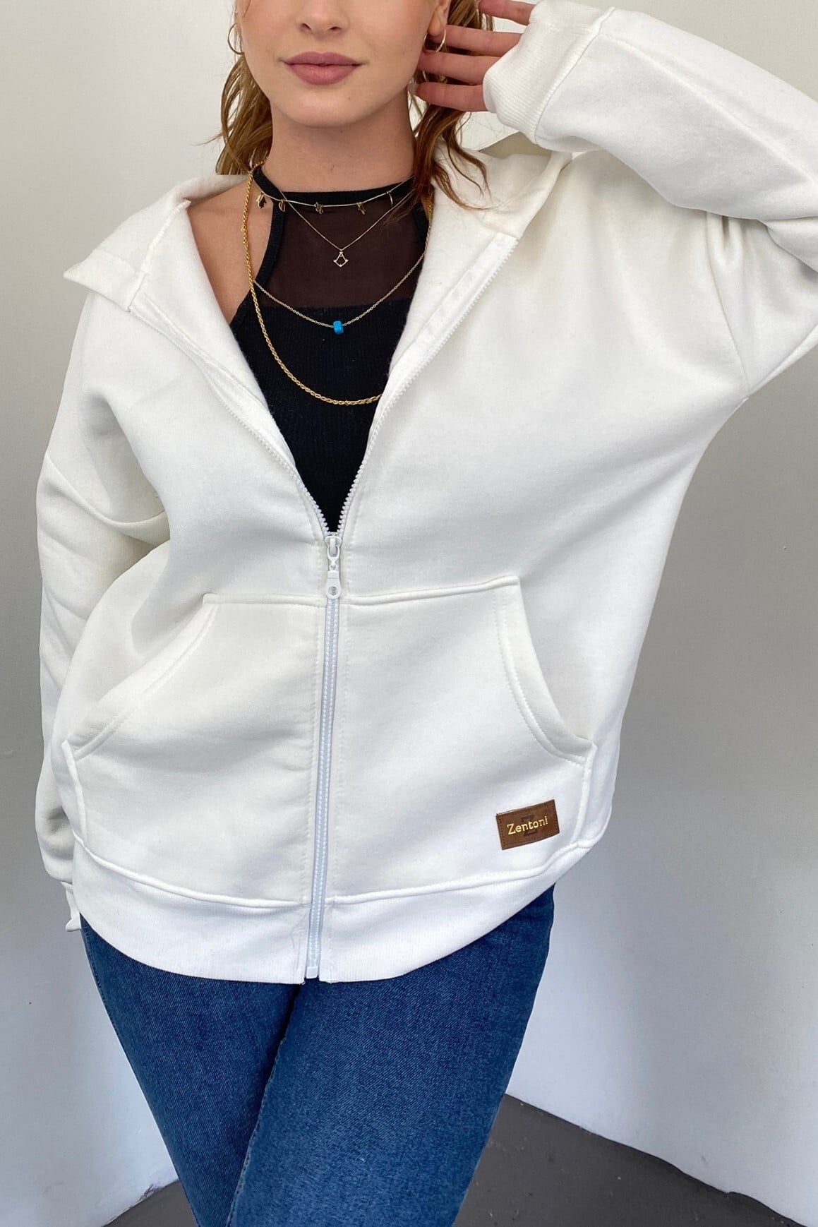 Women's White Zip Hoodie with Pockets - Podyumplus - by Peralane