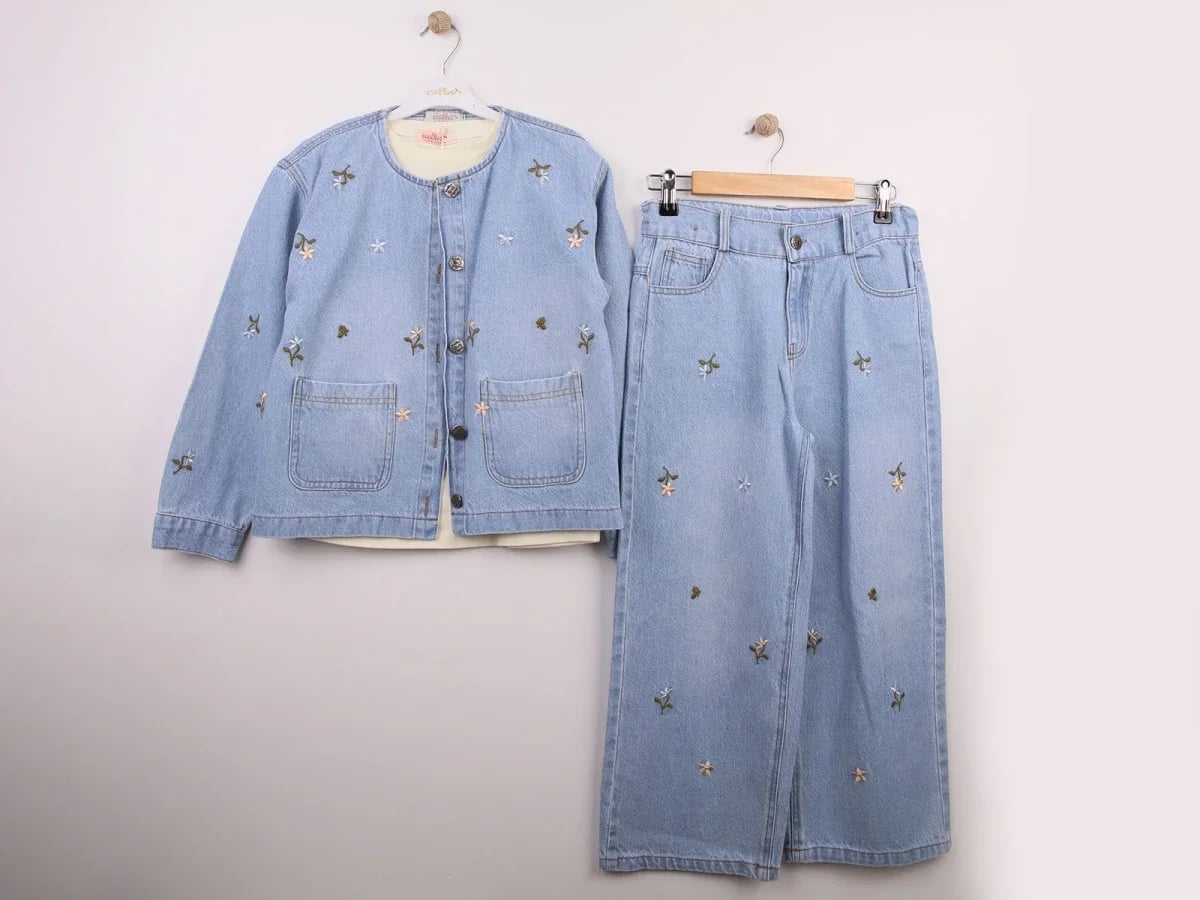 Girls' Floral Embroidered Denim Jacket and Trousers Set - Light Blue - Ecolkiz - by Peralane