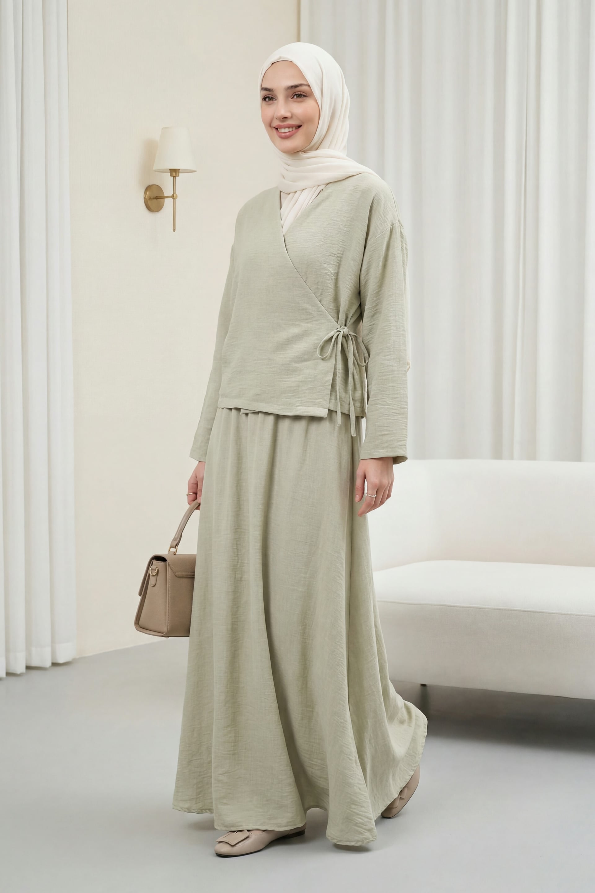 Side-Tie Linen Look Two-Piece Set with Maxi Skirt - Stone Color - Podyumplus - by Peralane - photo 4