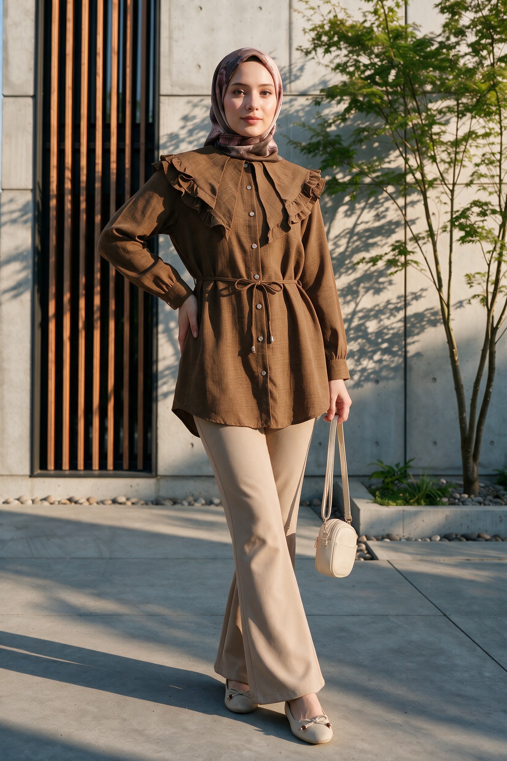 High-Waisted Flared Scuba Trousers - Beige - Podyumplus - by Peralane - photo 3