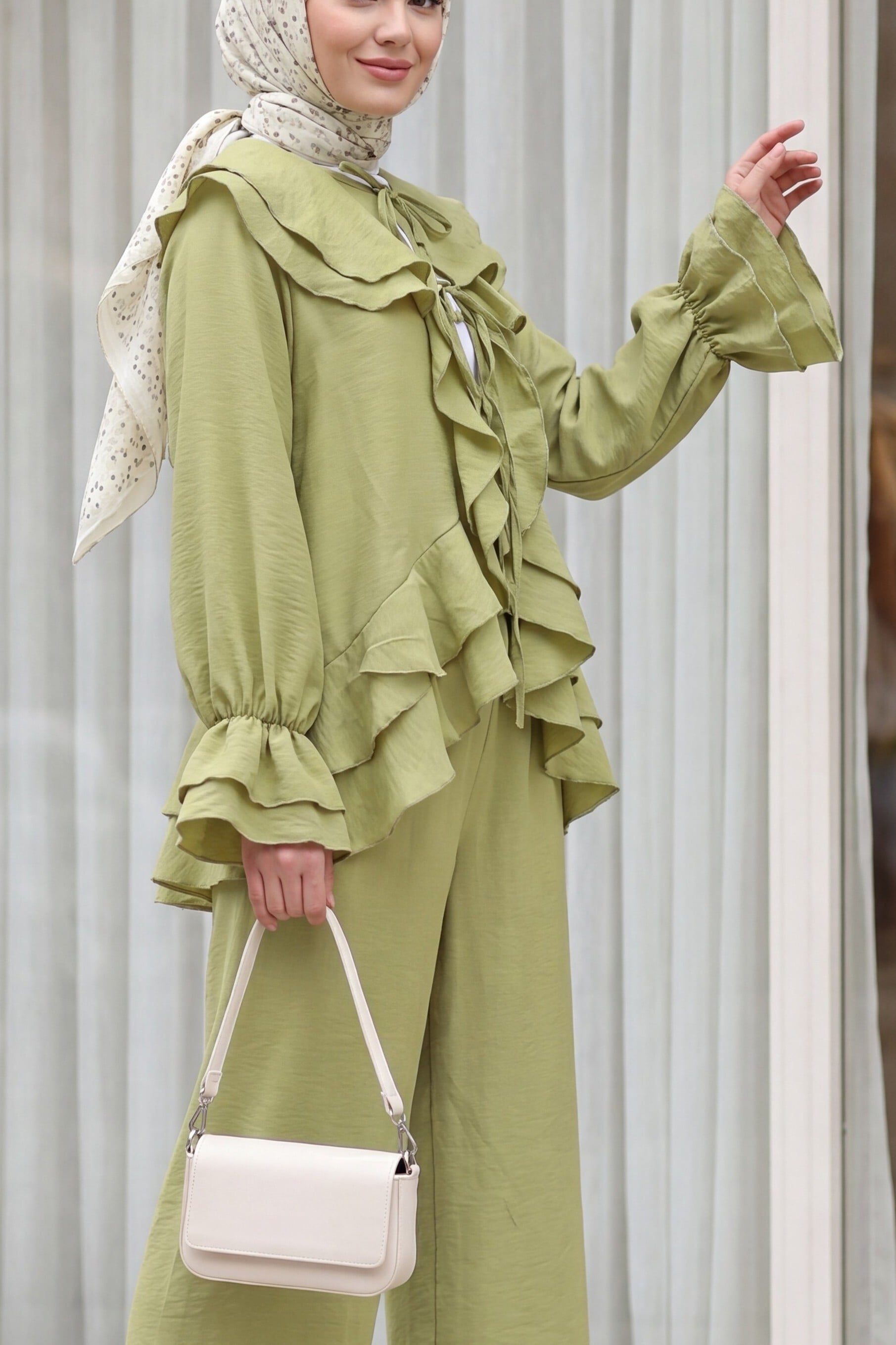 Women's Tie-Front Layered Collar Blouse and Lined Trousers Co-ord Set in Olive Green - Podyumplus - by Peralane - photo 3