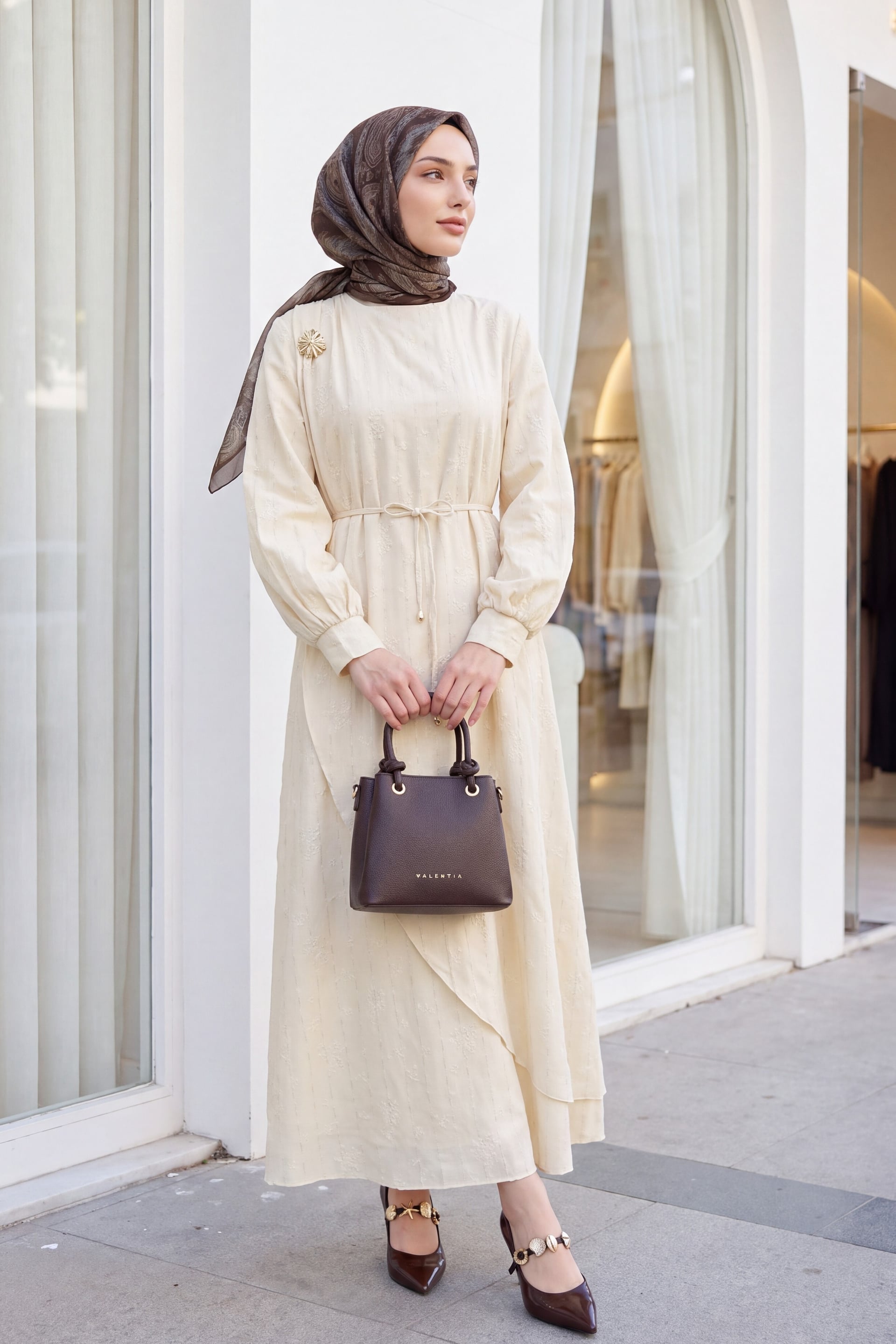 Double Layer Tie Waist Brooch Lined Linen Look Dress - Beige - Podyumplus - by Peralane - photo 2