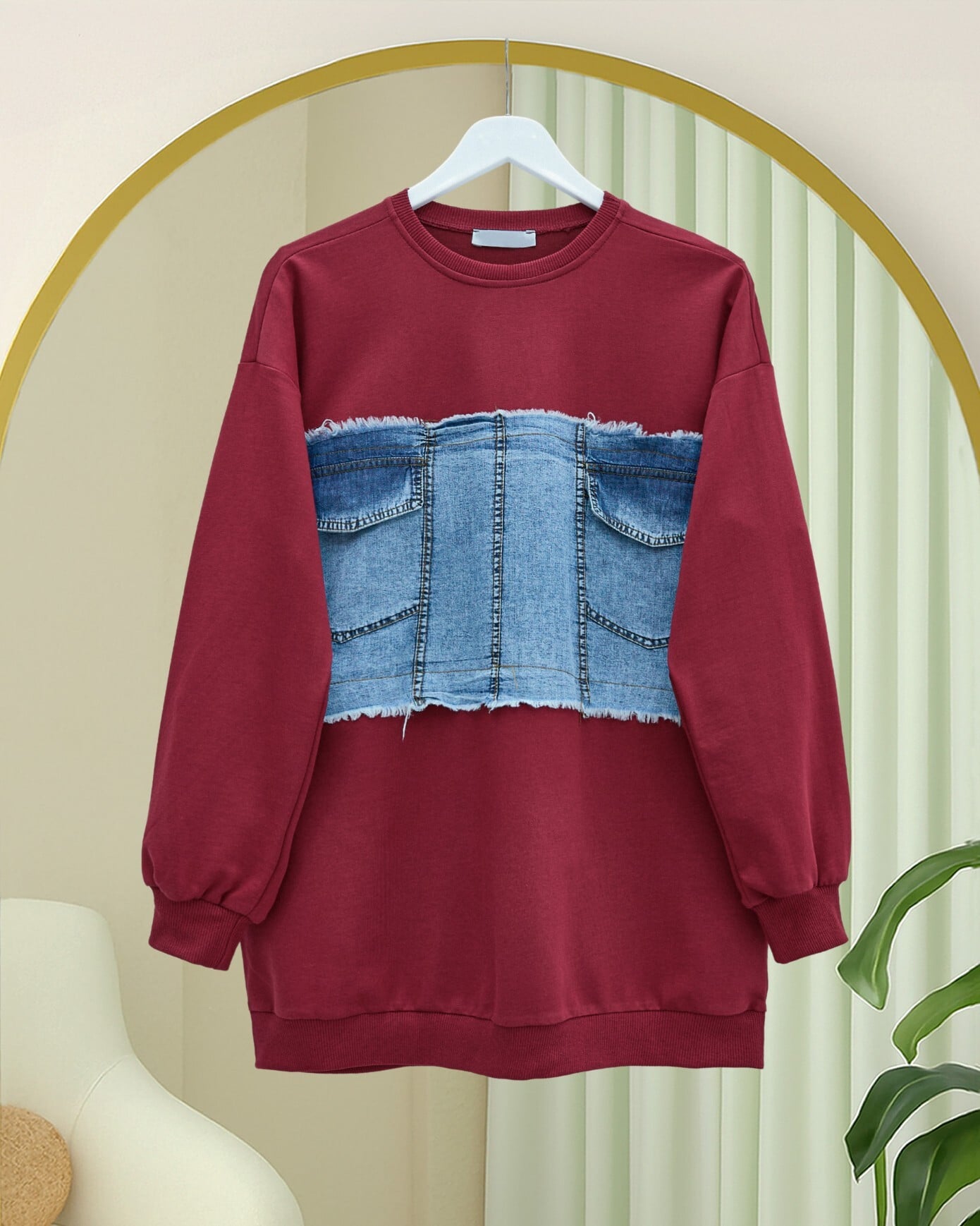Round Neck Sweatshirt and Trousers Set with Denim Chest Pockets - Maroon - Podyumplus - by Peralane - photo 4