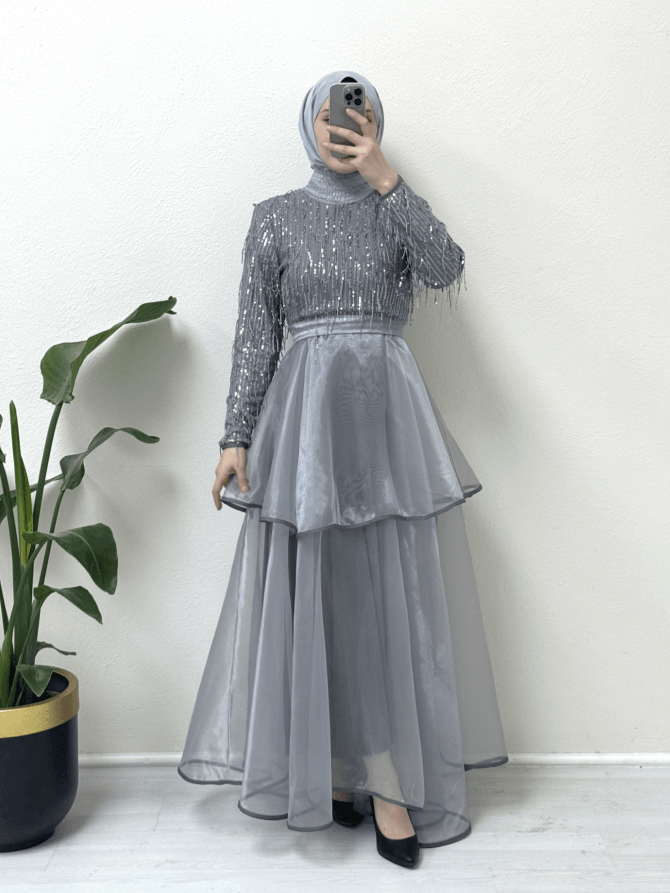 Sequin Embellished Tulle Modest Evening Dress with Belt - Grey - Podyumplus - by Peralane - photo 2
