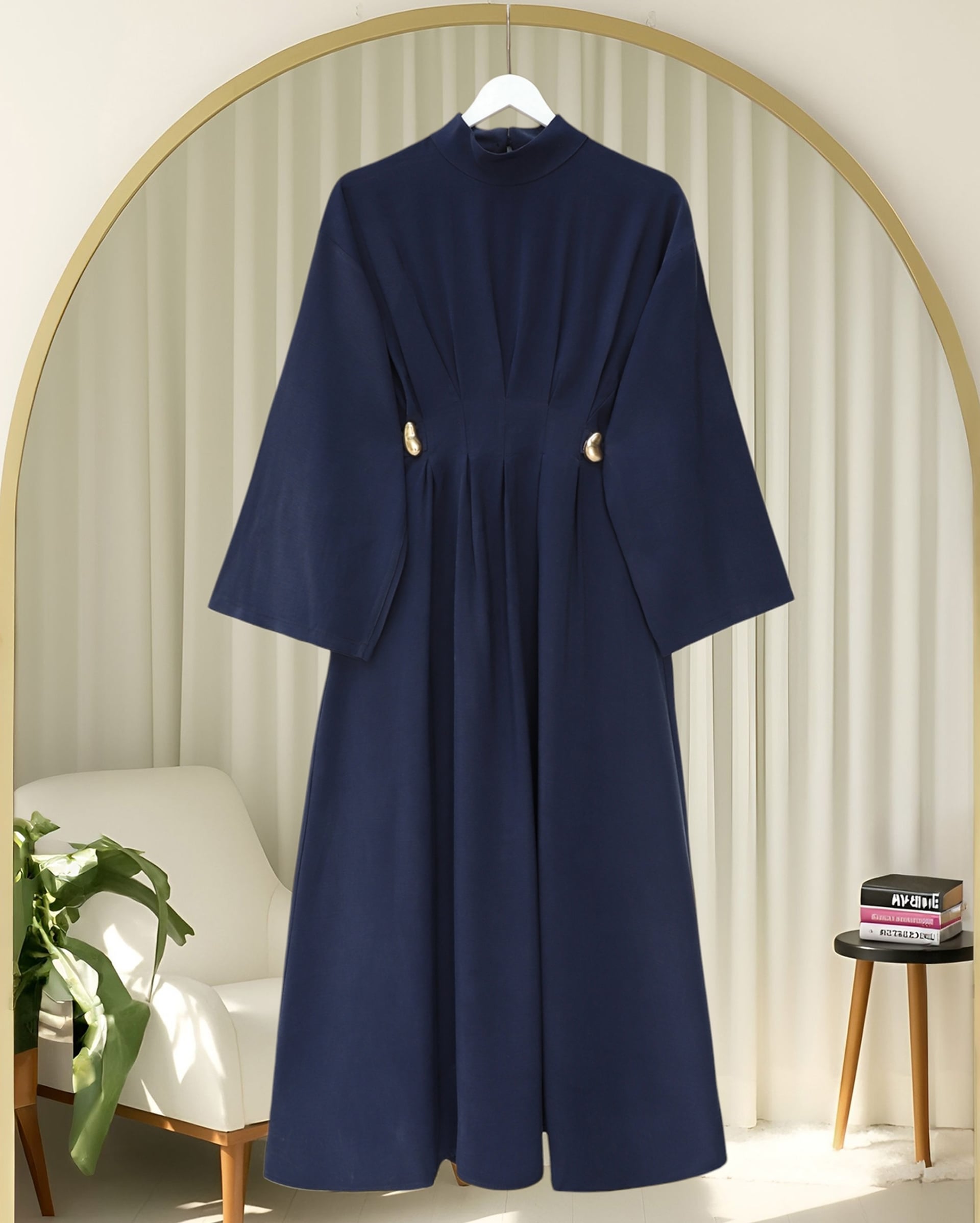 Pleated Belted Buckle Detail Modal Dress - Navy Blue - Podyumplus - by Peralane - photo 4