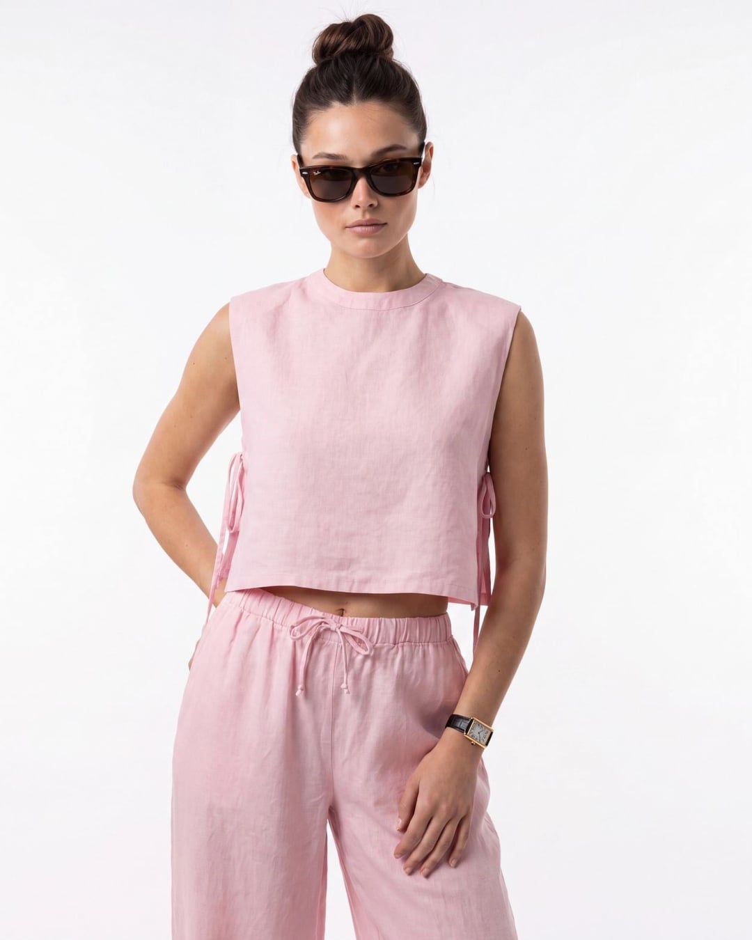Women's Light Pink Linen Crop Top and Wide-Leg Trousers Set - Fame - by Peralane - photo 4