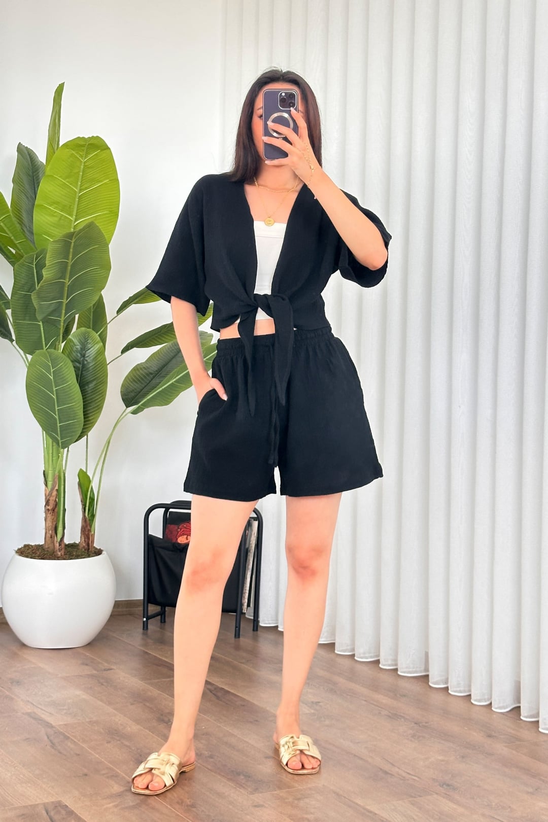 Black Tie-Front Muslin Kimono Blouse with Short Model - Lustri̇n - by Peralane - photo 4