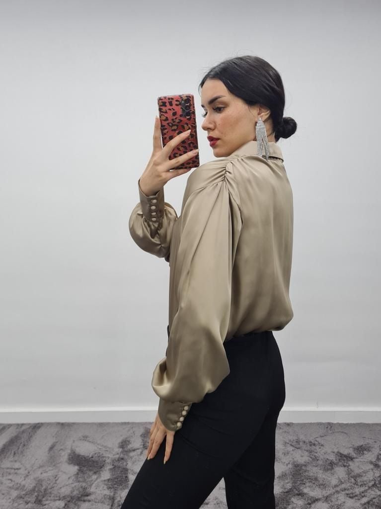 Champagne Satin Blouse with Pearl Buttons and Balloon Sleeves - My Bee - by Peralane - photo 2