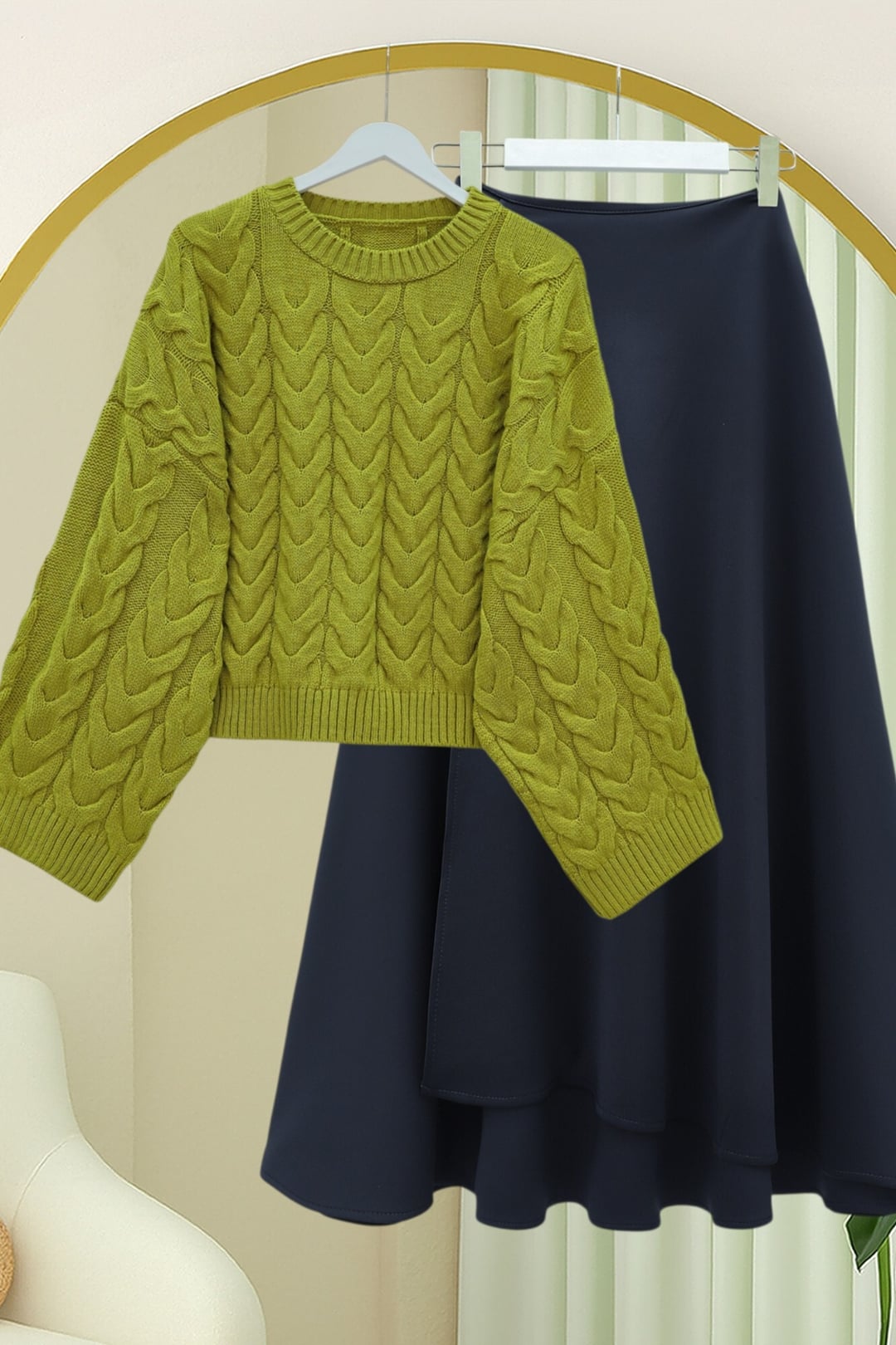 Knit Patterned Relaxed Crop Knit Sweater - Oil Green - Podyumplus - by Peralane