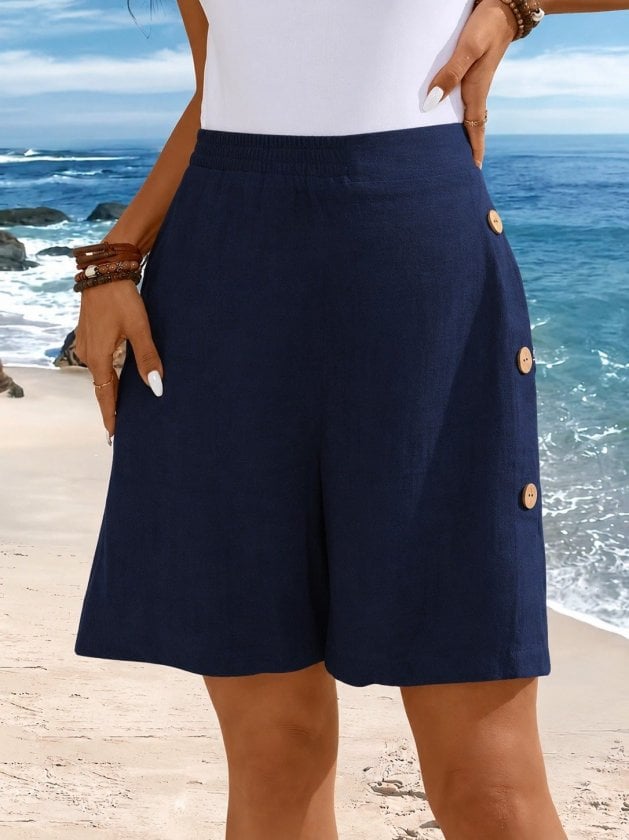 Women's High Waist Side Button Detail Shorts in Navy Blue - Janes - by Peralane