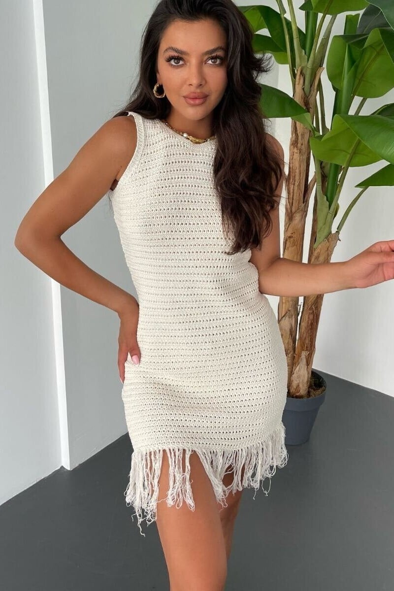 Crew Neck Sleeveless Fringed Knit Dress - Cream - Podyumplus - by Peralane