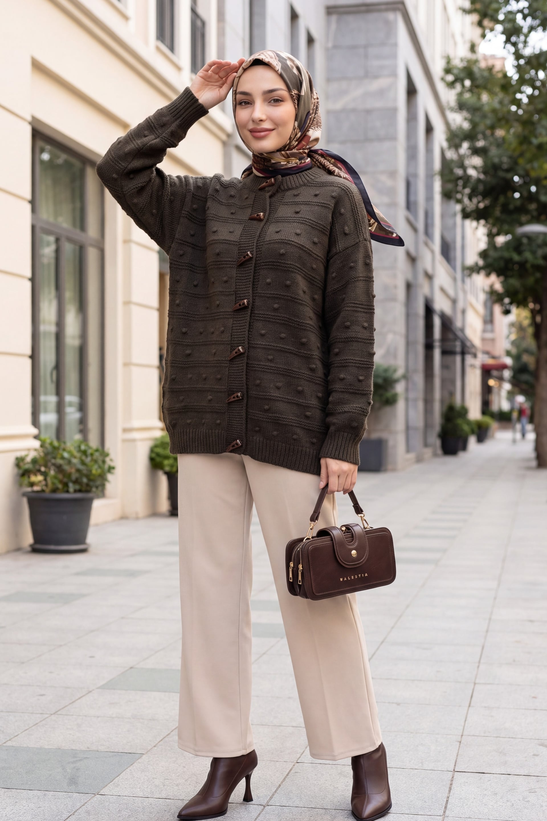 Dark Brown Toggle Button Knit Cardigan with Textured Pattern - Podyumplus - by Peralane - photo 4