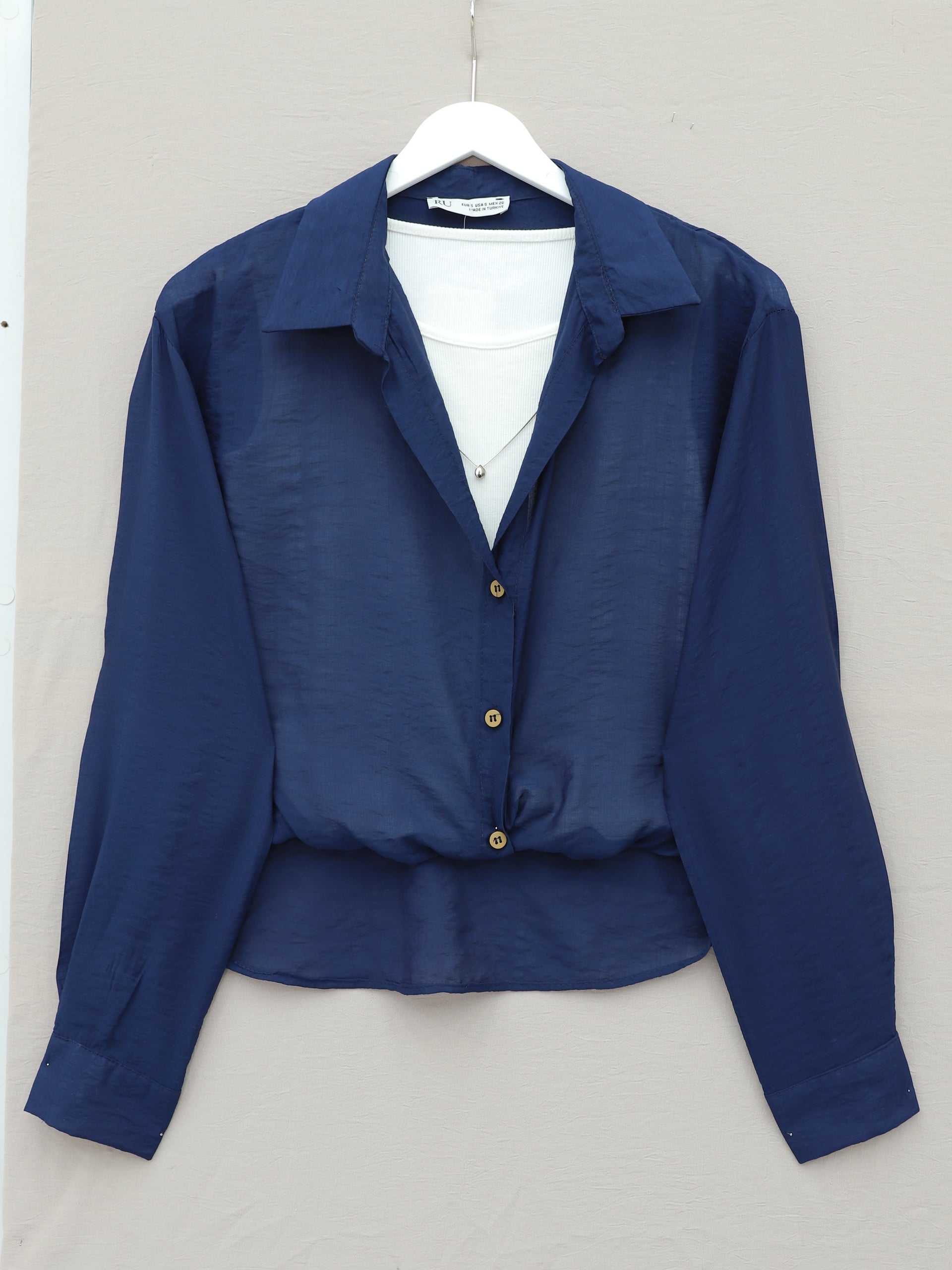 Navy Blue Crop Bodysuit Blouse with Long Back and Necklace Detail - Podyumplus - by Peralane - photo 4