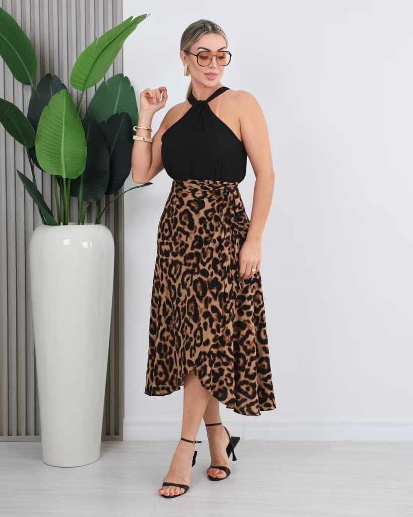 Women's Leopard Print Wrap Skirt with Black Halter Top Set - Janes - by Peralane - photo 2