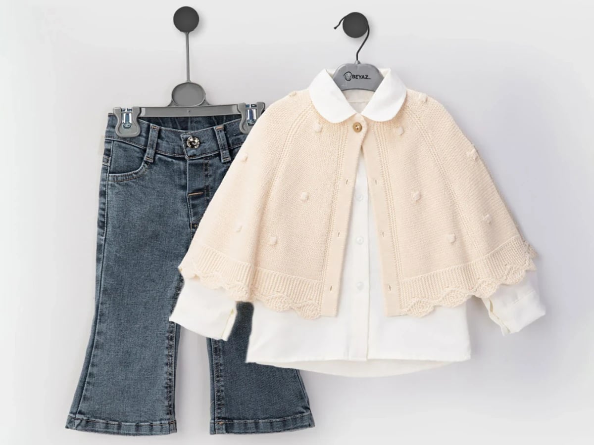 Girl's Knit Capelet, Shirt and Denim Trousers Set - Beyaz Bebek - by Peralane