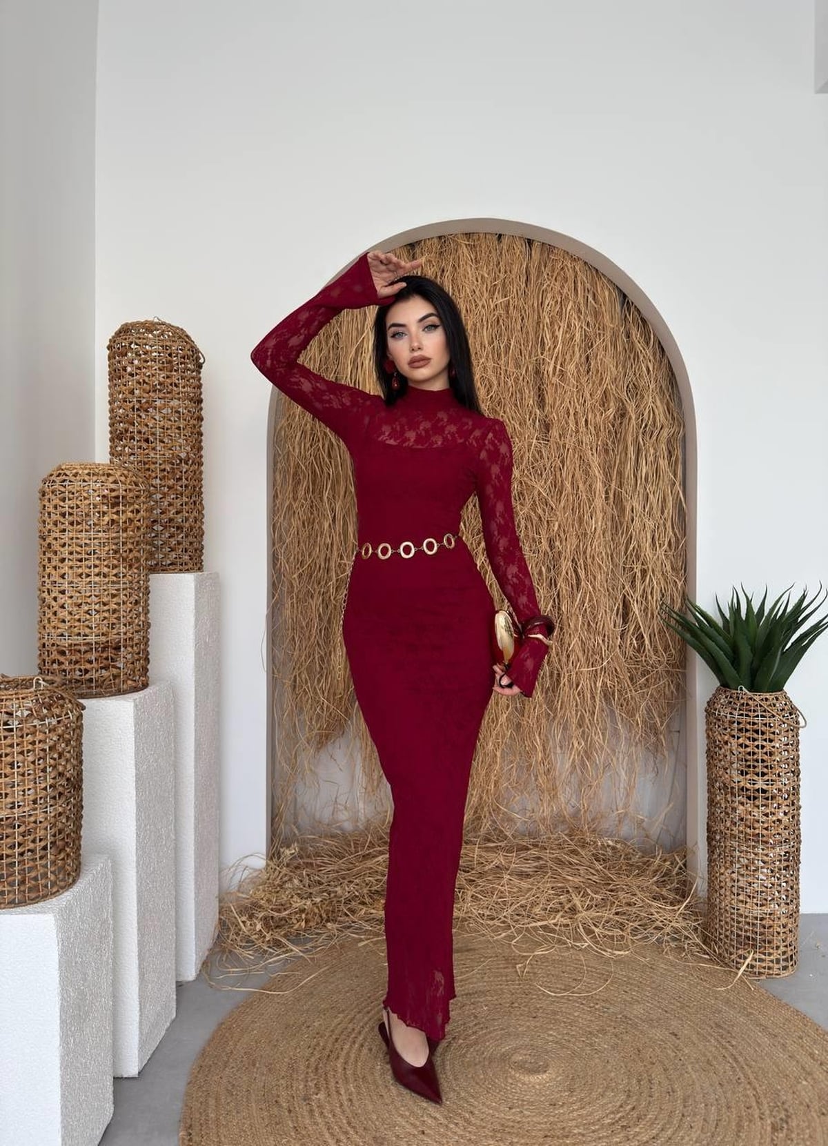 Bela Midi Dress ETK-00226 in Deep Red with Floral Lace - Etika - by Peralane - photo 7