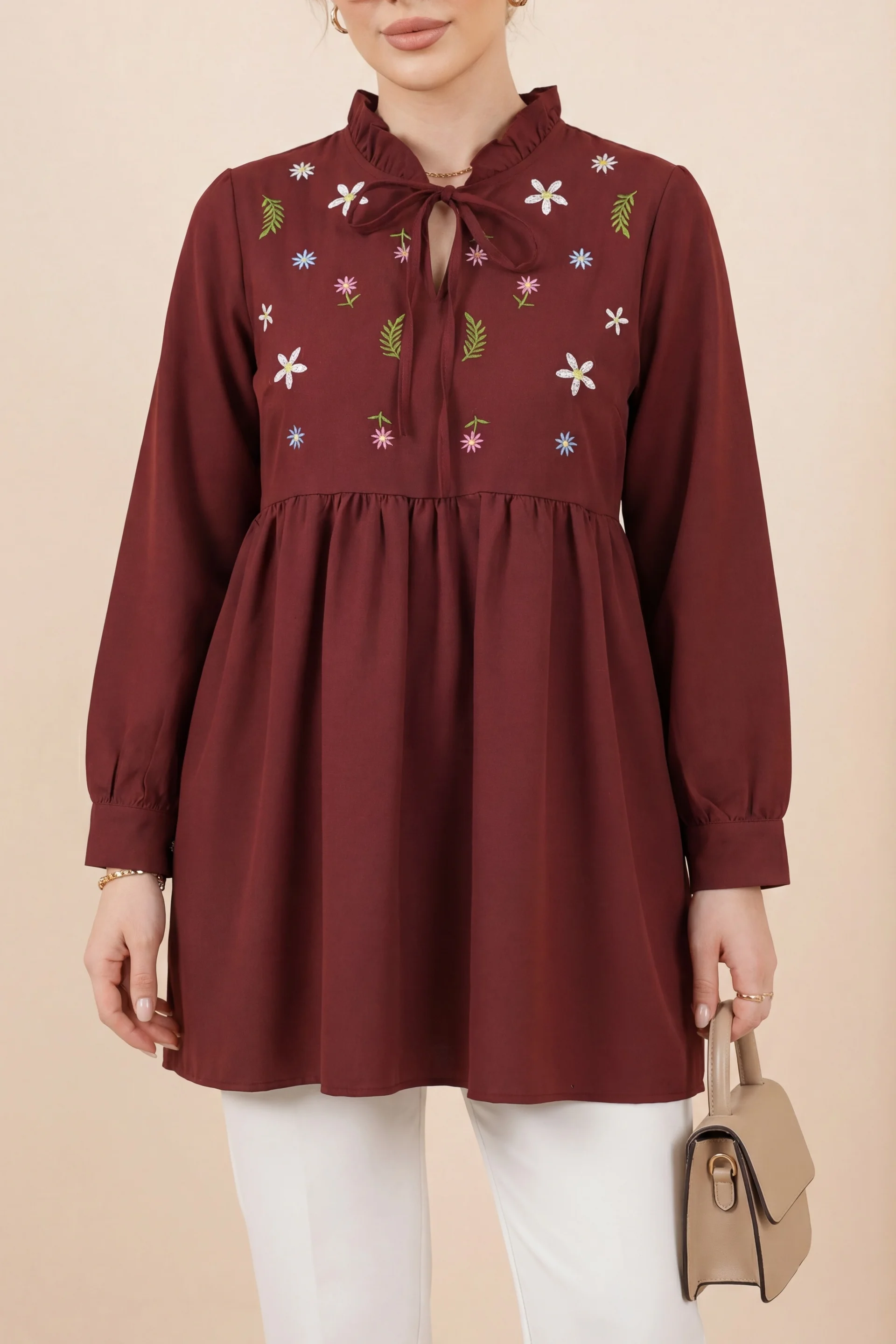 V-Neck Tie-Front Ruffled Floral Embroidered Poplin Tunic - Burgundy - Podyumplus - by Peralane - photo 5