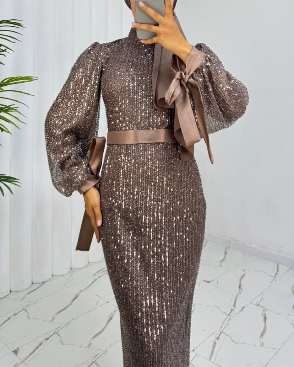 Sequined Evening Dress with Belt - Light Brown - Podyumplus - by Peralane - photo 5