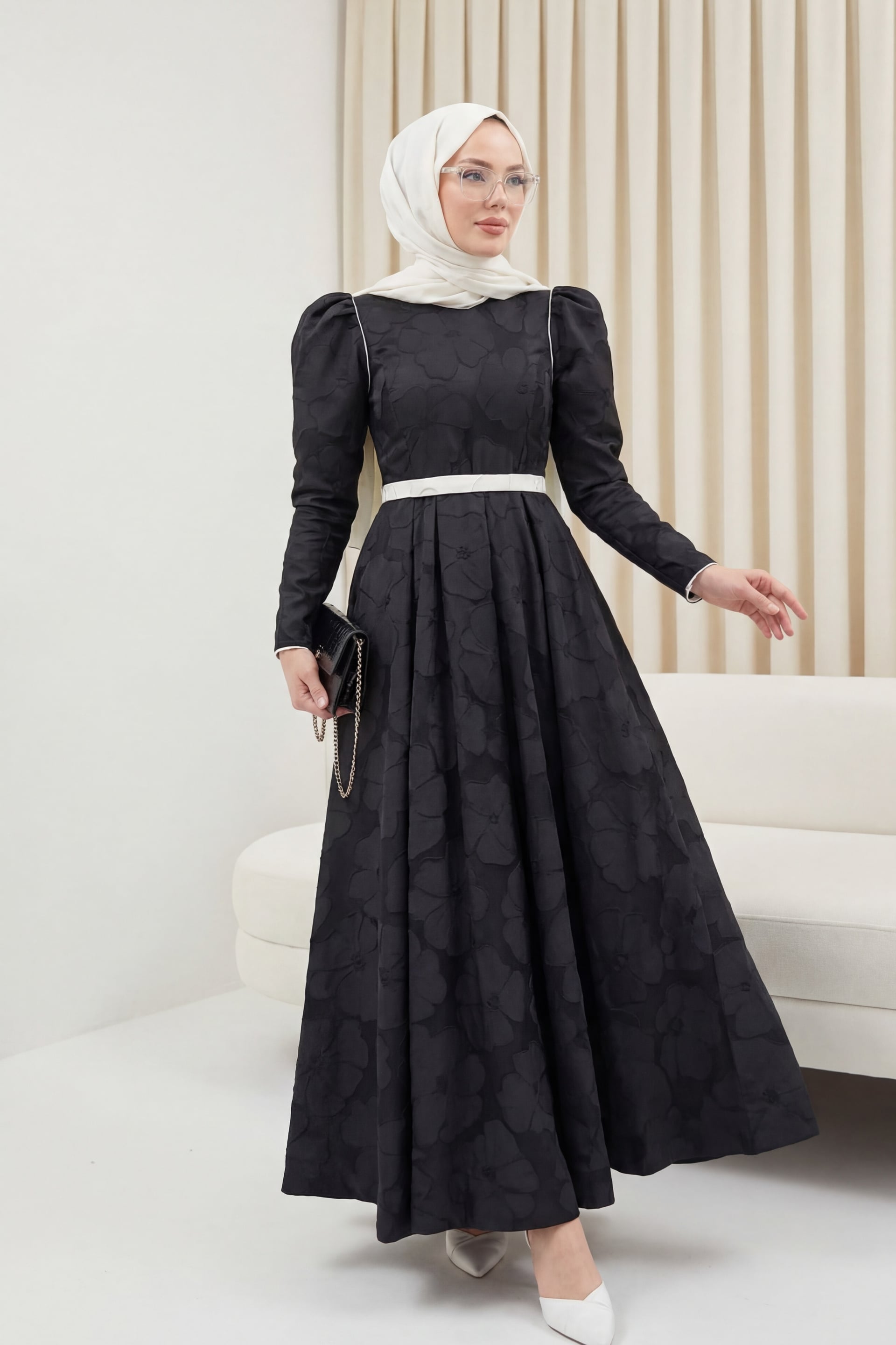 Black Belted Balloon Skirt Cold Print Kaftan Evening Dress - Podyumplus - by Peralane